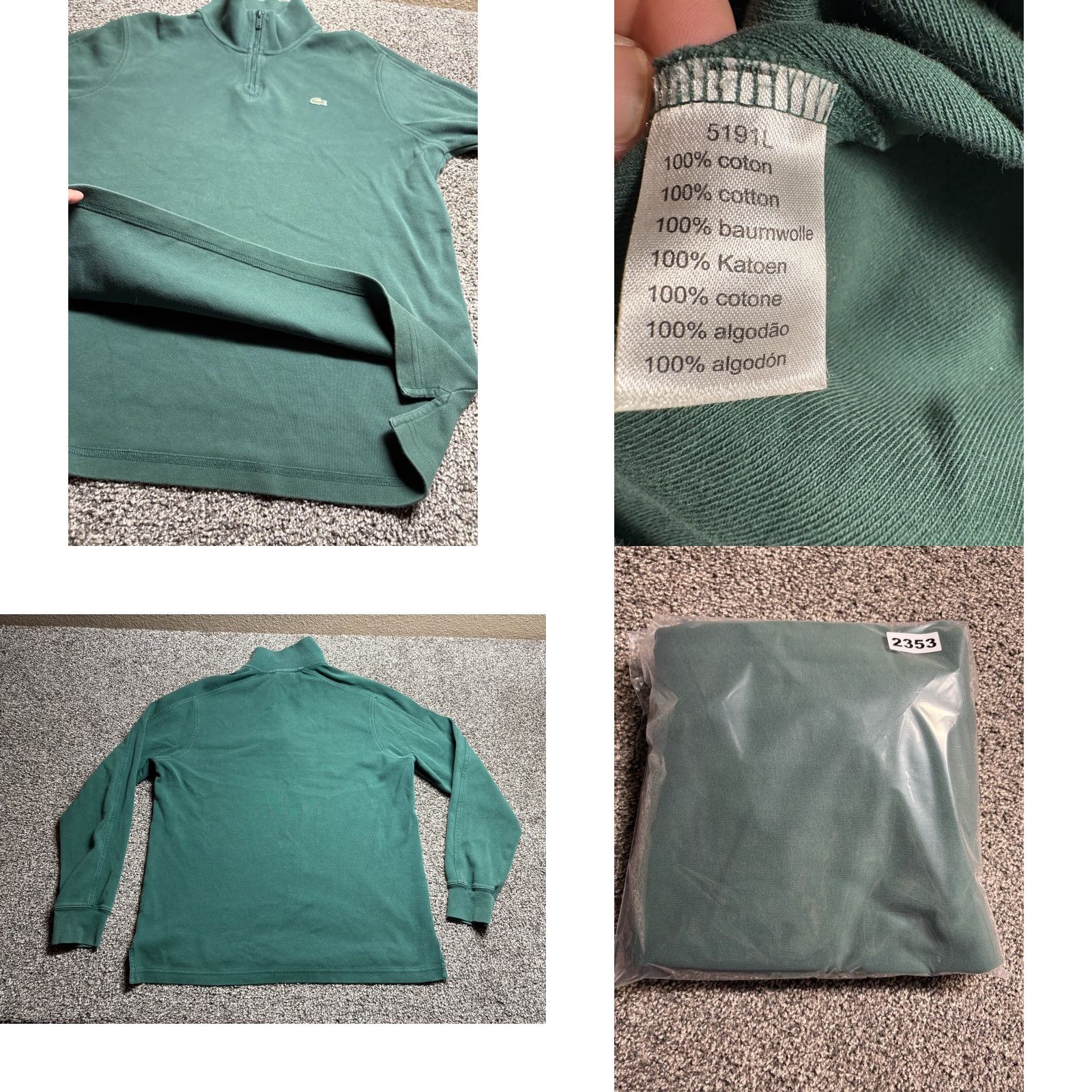 Lacoste Lacoste 1/4 Zip Sweater Mens Large Green Mock Neck Cotton Croc Pullover Size US L / EU 52-54 / 3 - 8 Thumbnail
