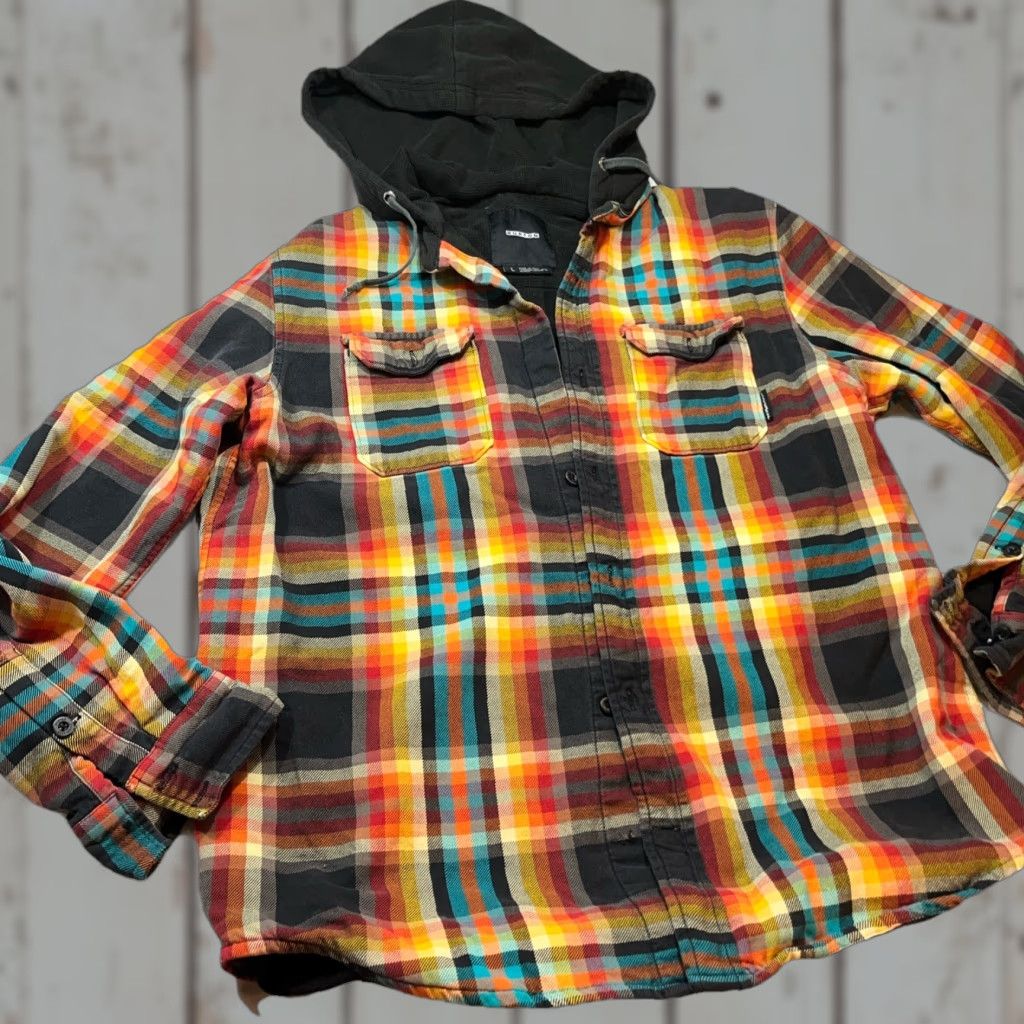 VINTAGE Burton Mens LG Hooded SHIRT Jacket Colorful Plaid Black Thermal Lining Button Up Hoodie