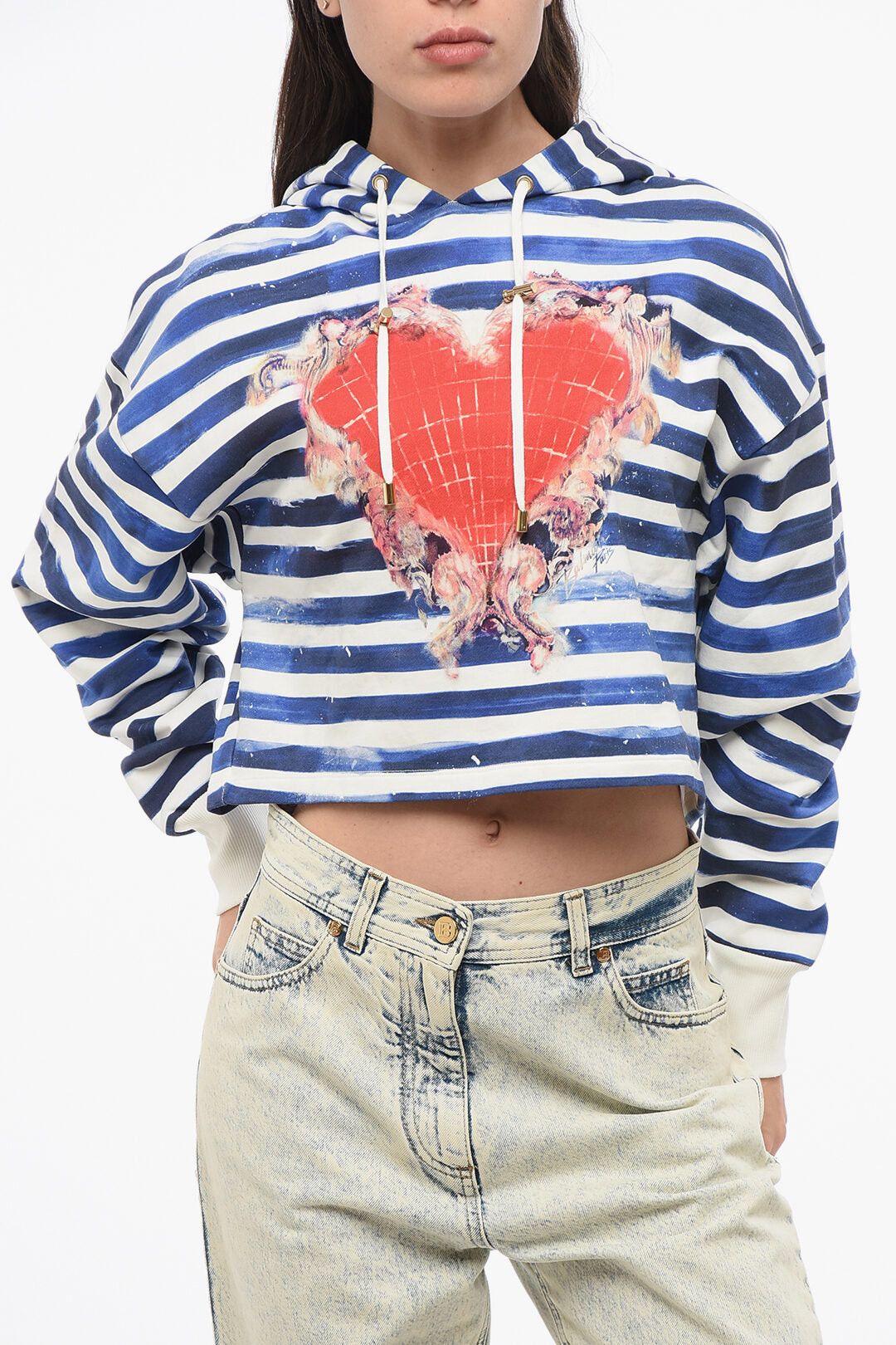 Balmain Two-Tone Striped Cropped Hoodie with Heart Print Size M / US 6-8 / IT 42-44 - 1 Thumbnail