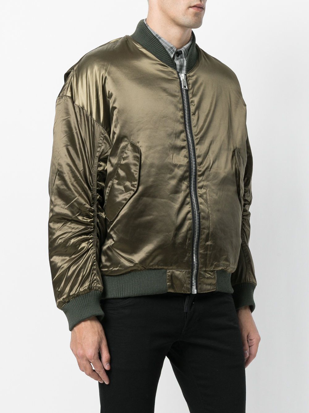 Represent Puffy Satin Olive Bomber Jacket