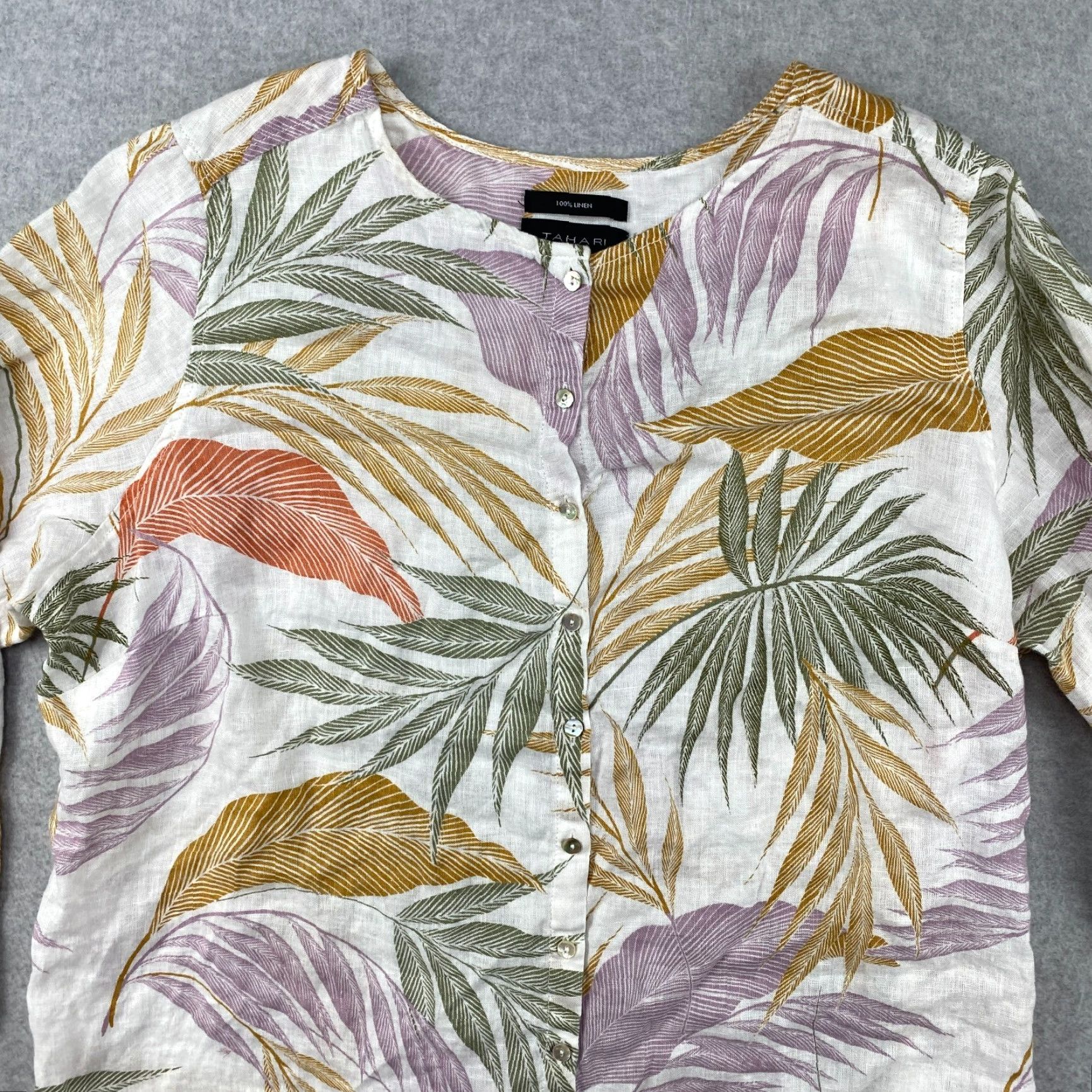Vintage Mother of Pearl Button-Up Womens 2XL Floral Linen Roll Tab Long Sleeve Shirt Size XXL / US 16-18 / IT 52-54 - 2 Thumbnail