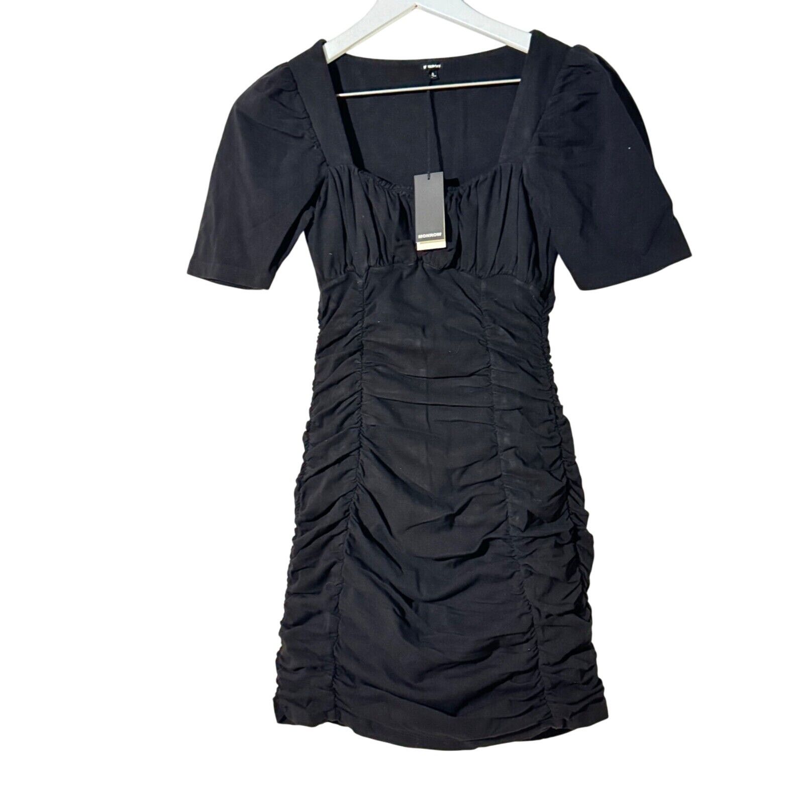 MONROW Monrow Shirred Mini Dress Black Square Neck Fitted NWT Small Size S / US 4 / IT 40 - 3 Thumbnail