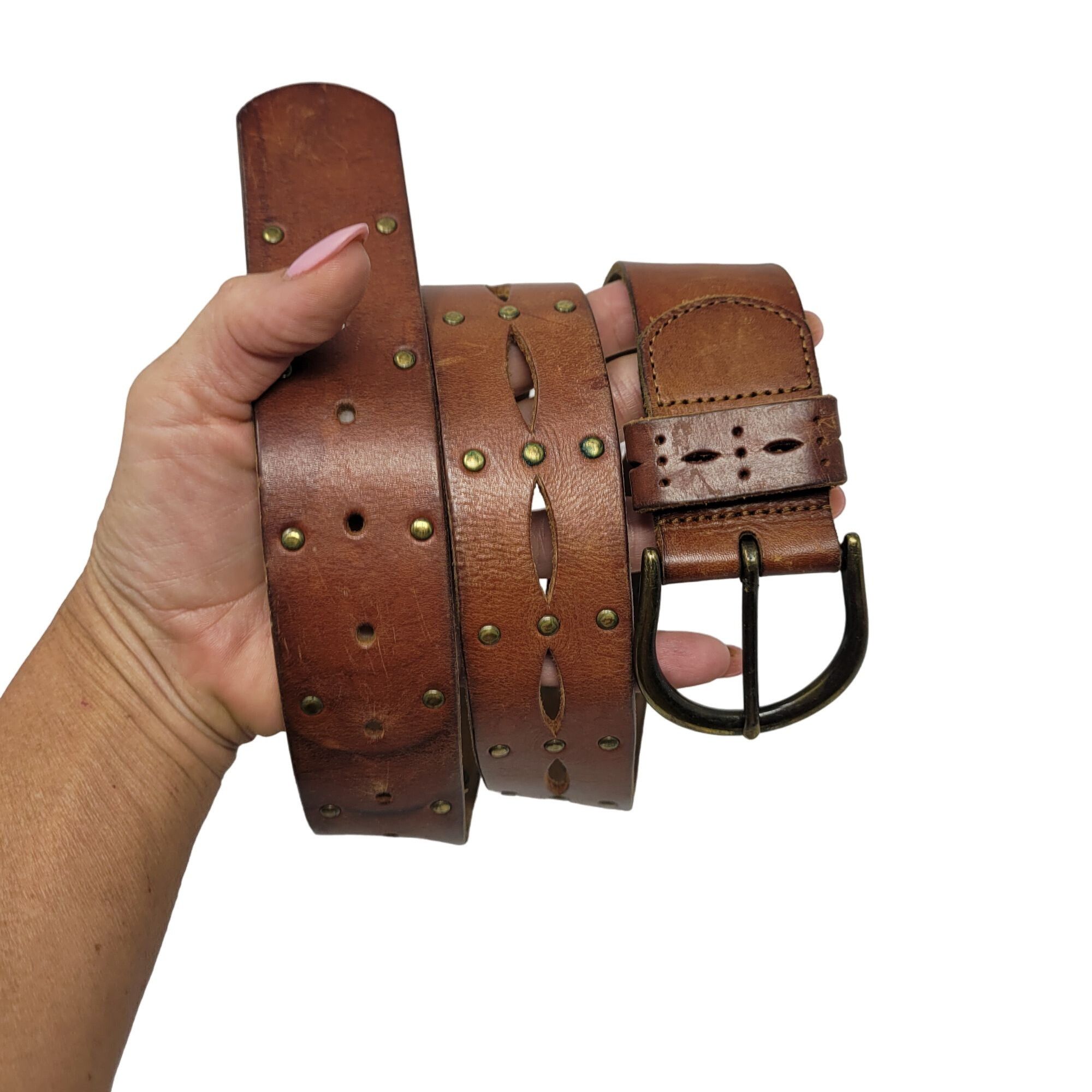 American Eagle Outfitters AEO Genuine Leather Brown Belt M Perforated Studded Boho Cou Size ONE SIZE - 1 Thumbnail