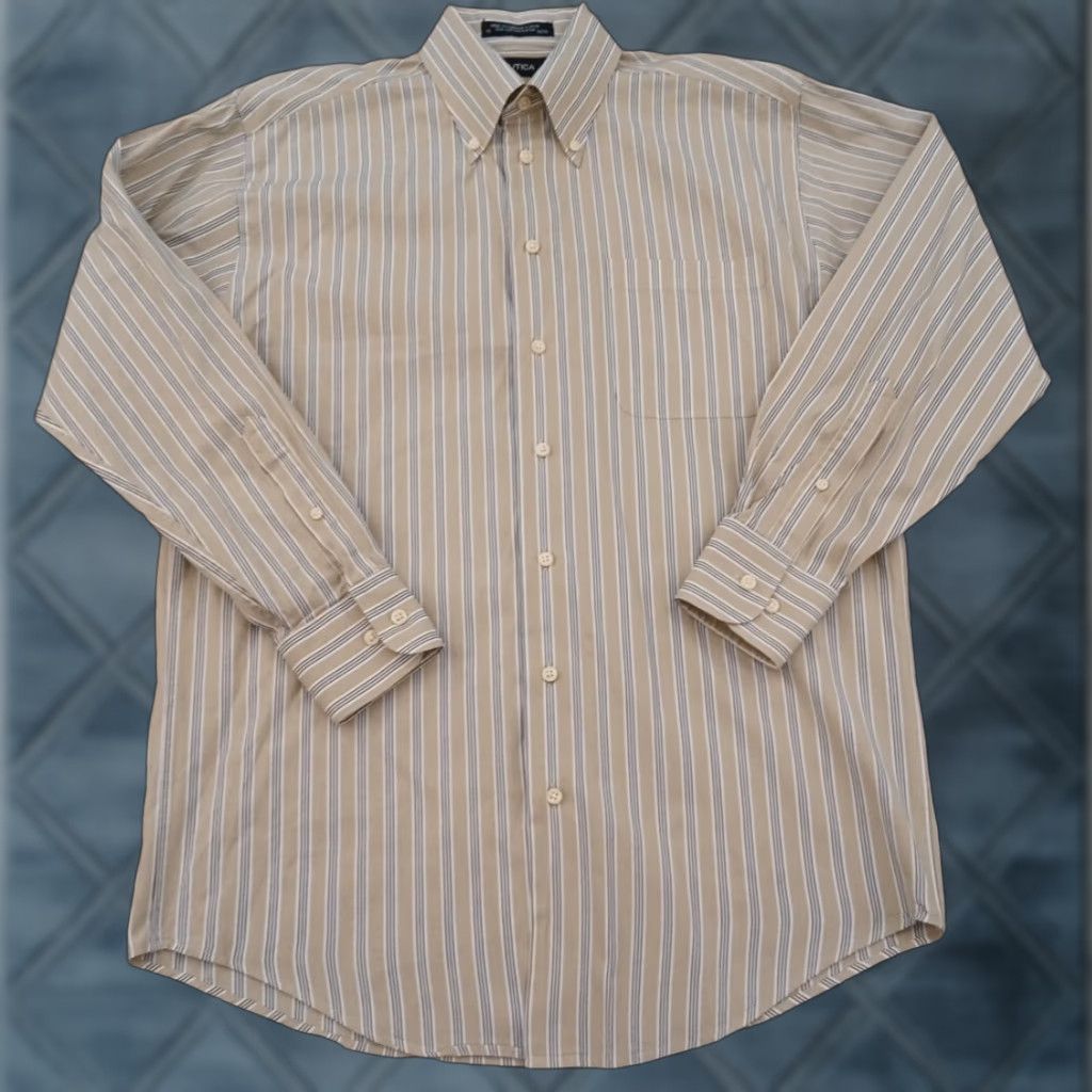 Nautica Nautica Shirt Mens 15 Beige Gray Striped Long Sleeve Button-Down Cotton Men Regular Size 15 Mens Womens? Size US M / EU 48-50 / 2 - 1 Thumbnail
