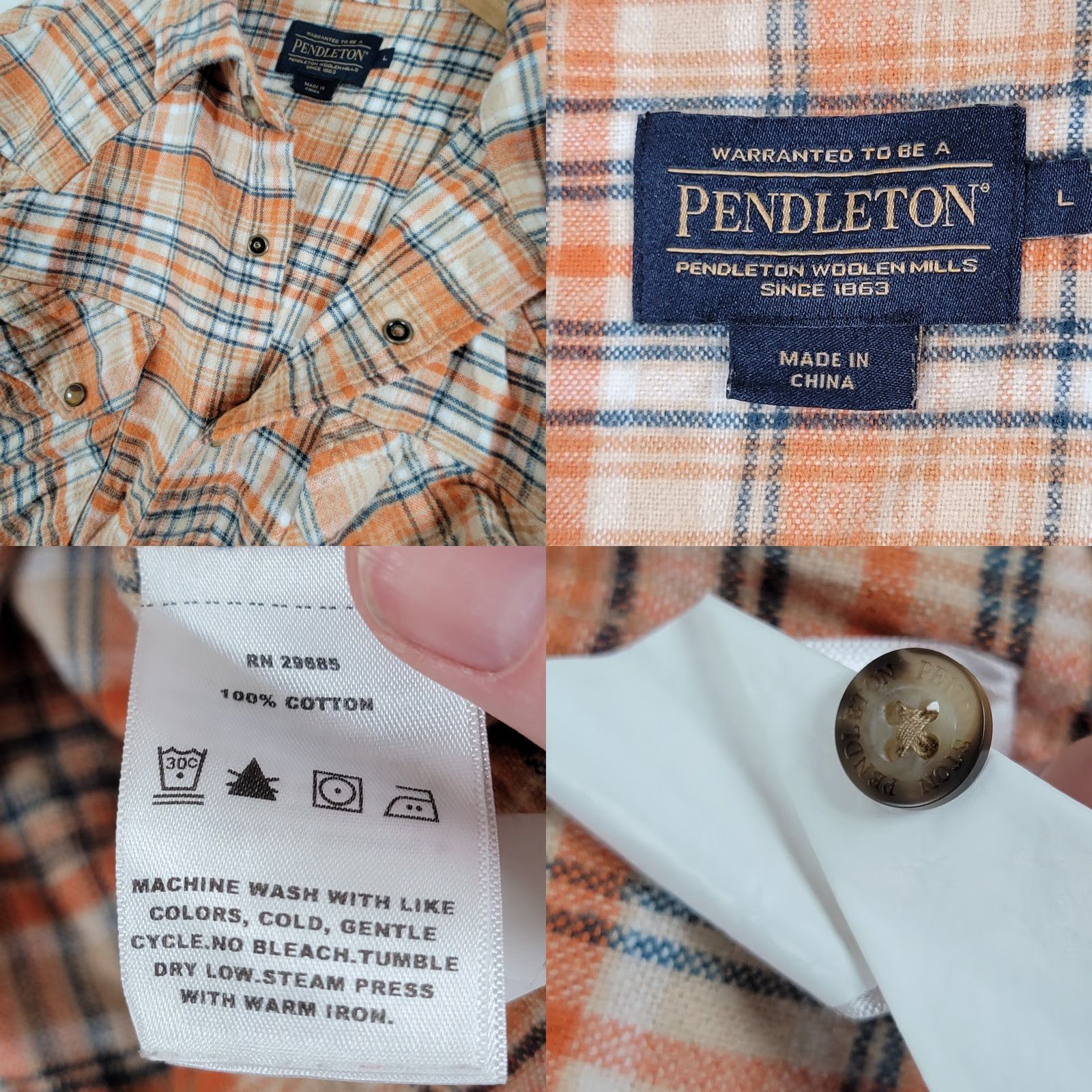 Pendleton VINTAGE Pendleton Orange Western Wear Men's Large Pearl Snap Wool Shirt Plaid Size US L / EU 52-54 / 3 - 9 Thumbnail