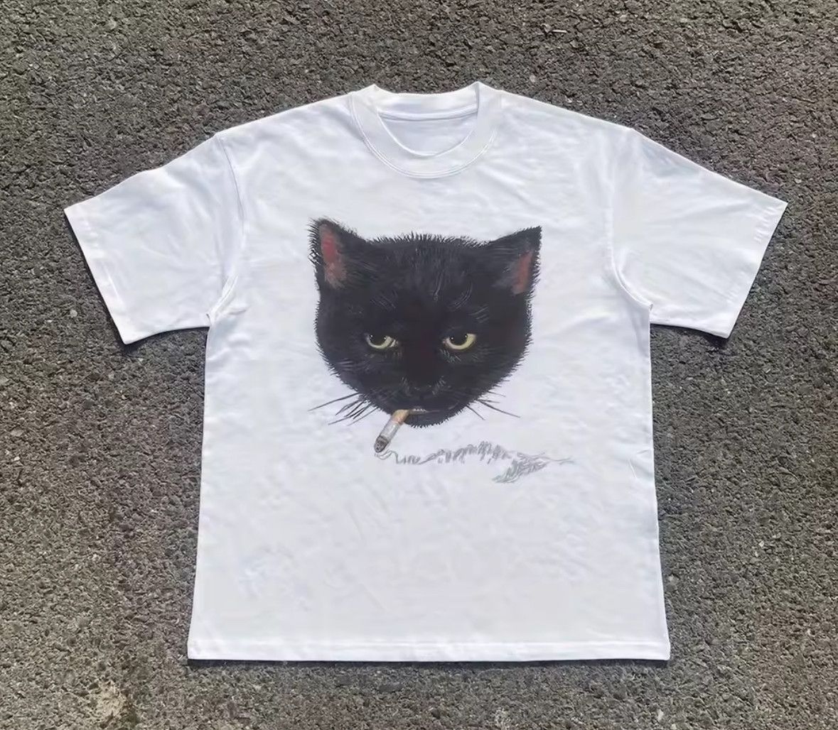 Vintage Y2K Retro Smoking Black Cat Graphic T-Shirt