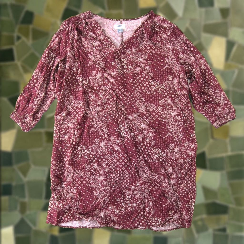 Old Navy Old Navy Burgundy Red White Floral 3/4 Sleeve Sheath Tunic Dress XL Size XL / US 12-14 / IT 48-50 - 1 Thumbnail