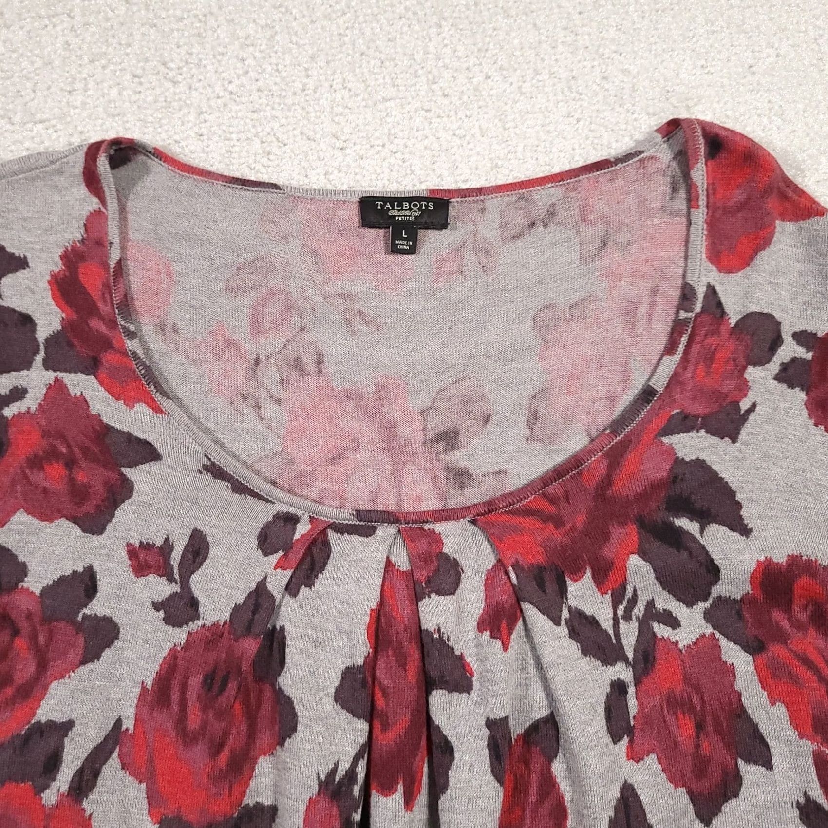 Talbots VINTAGE Talbots Shirt Women PL Petite Large Gray Floral Scoop Neck Long Sleeve Size L / US 10 / IT 46 - 3 Thumbnail