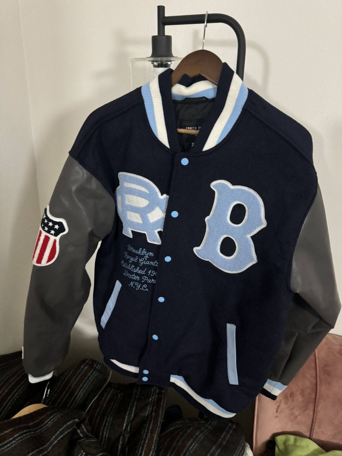 image of Ebbets Field Flannels Brooklyn Royal Giants Vintage Inspired Varsity Jacket in Navy (Size 2XL)