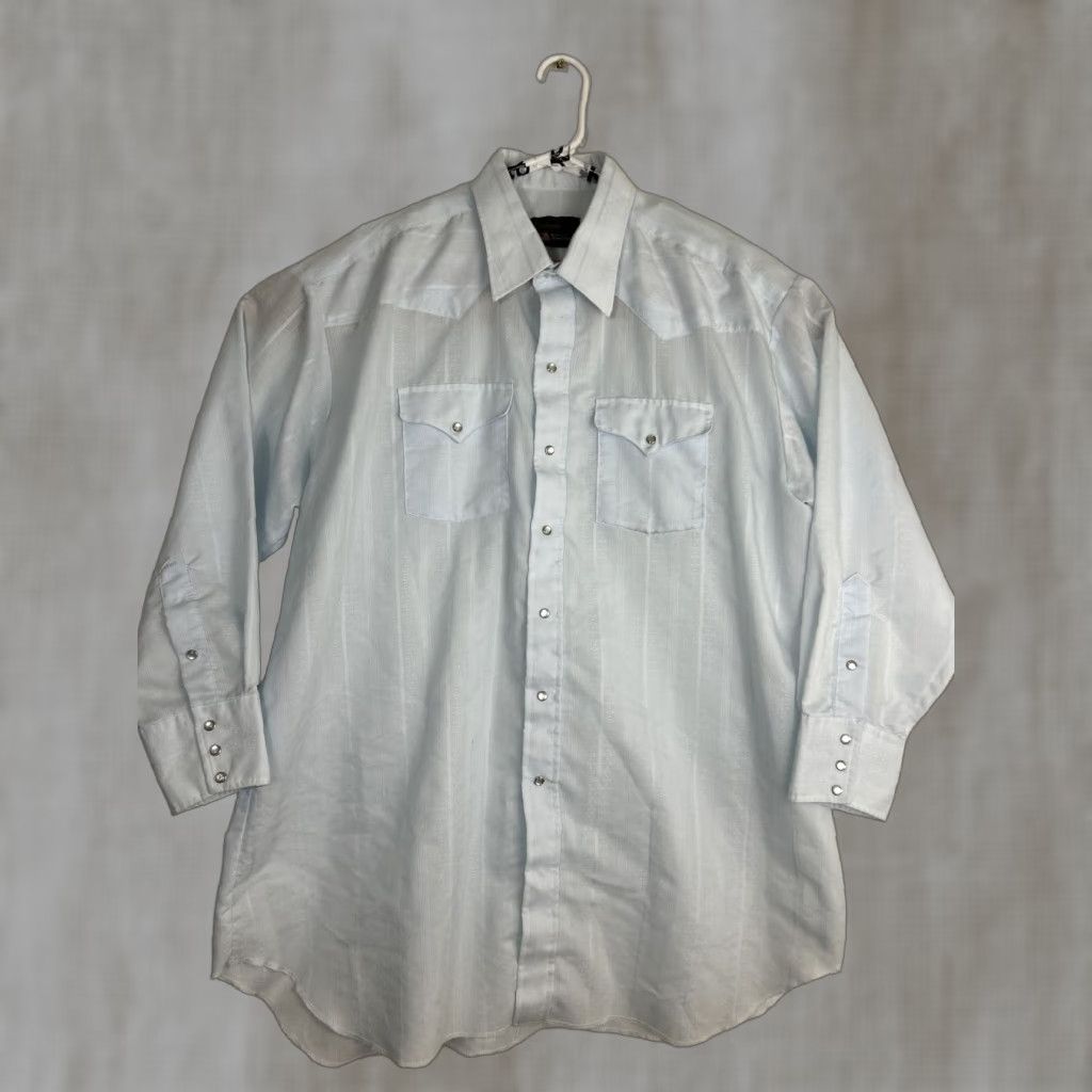 Vintage VINTAGE Panhandle Slim Western Shirt Pearl Snap Light Blue Long Sleeve 18.5-34 Mens Shirt Slimming Western Pearl Snap Blue 1980s Size US XXL / EU 58 / 5 - 1 Thumbnail