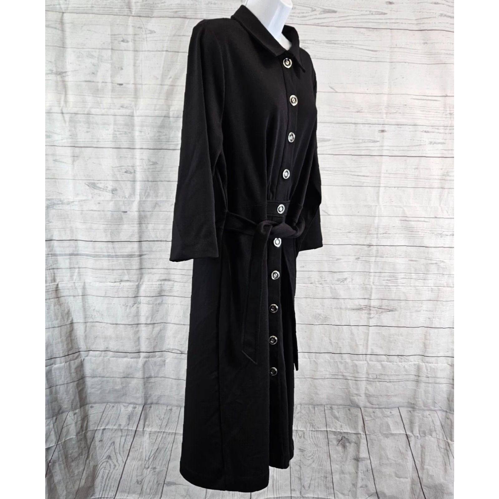 Isaac Mizrahi Live Womens Button Front Dress L Black 3/4 Sleeve Midi Shirt  Dress Womens