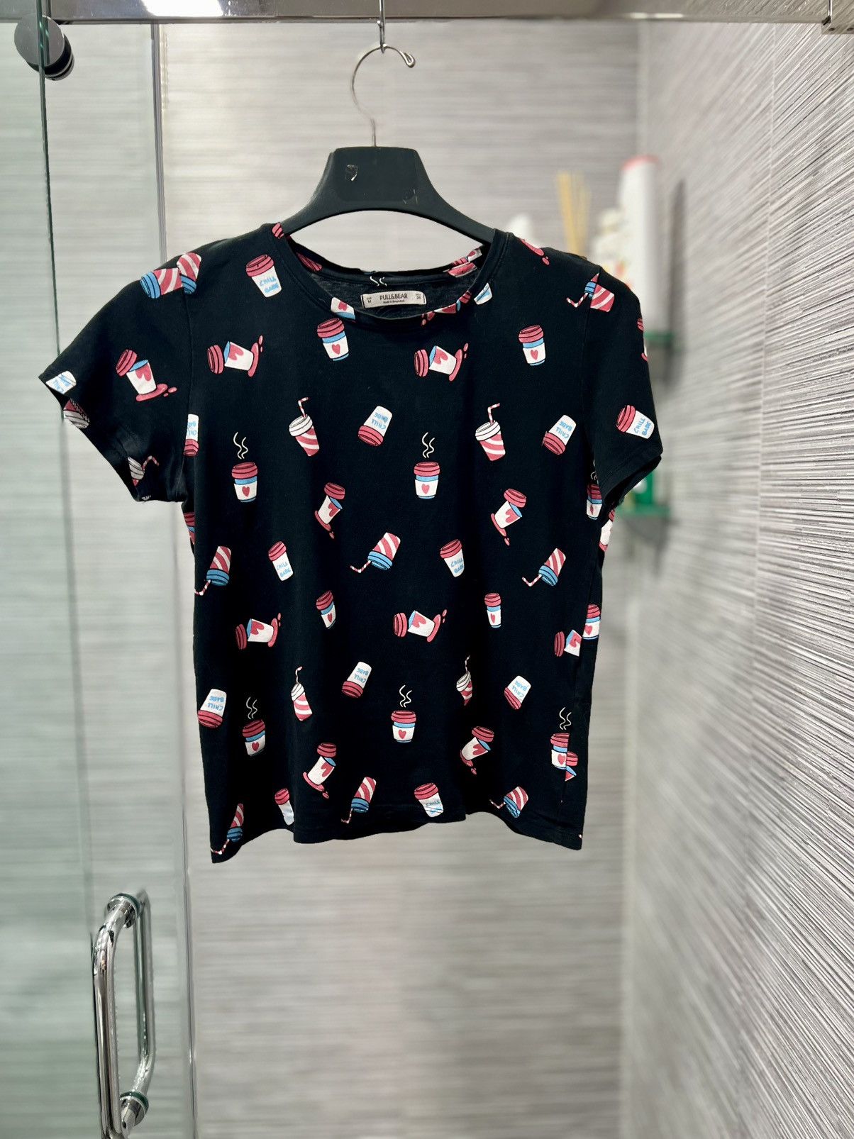 Pull & Bear Pull & Bear Women's Black Cotton Coffee Short Sleeve T-Shirt Size M / US 6-8 / IT 42-44 - 3 Thumbnail