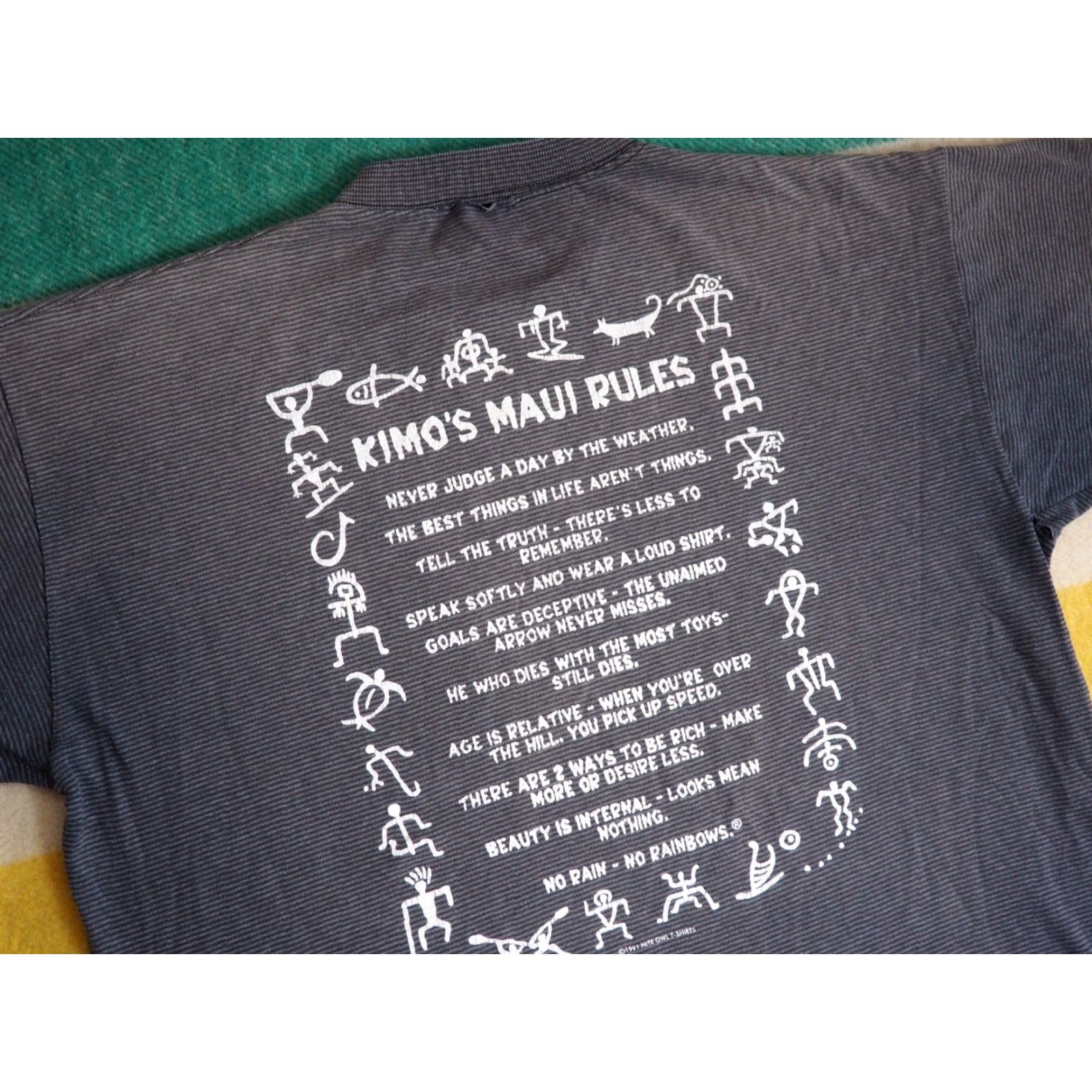 Rains VTG 90s Kimo Maui Hawaii Rules No Rain Gray Striped Faded Tee T-Shirt Mens L Size US L / EU 52-54 / 3 - 4 Thumbnail