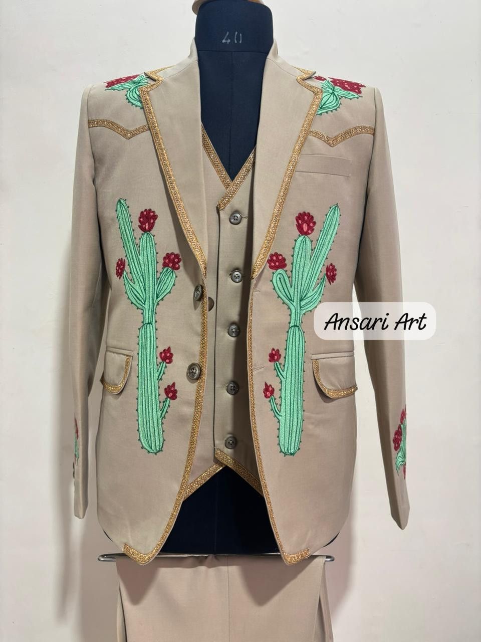 Other Men 3Pc Customized Cactus Embroidery Cocktail Prom Groom Set Size 42L - 2 Thumbnail