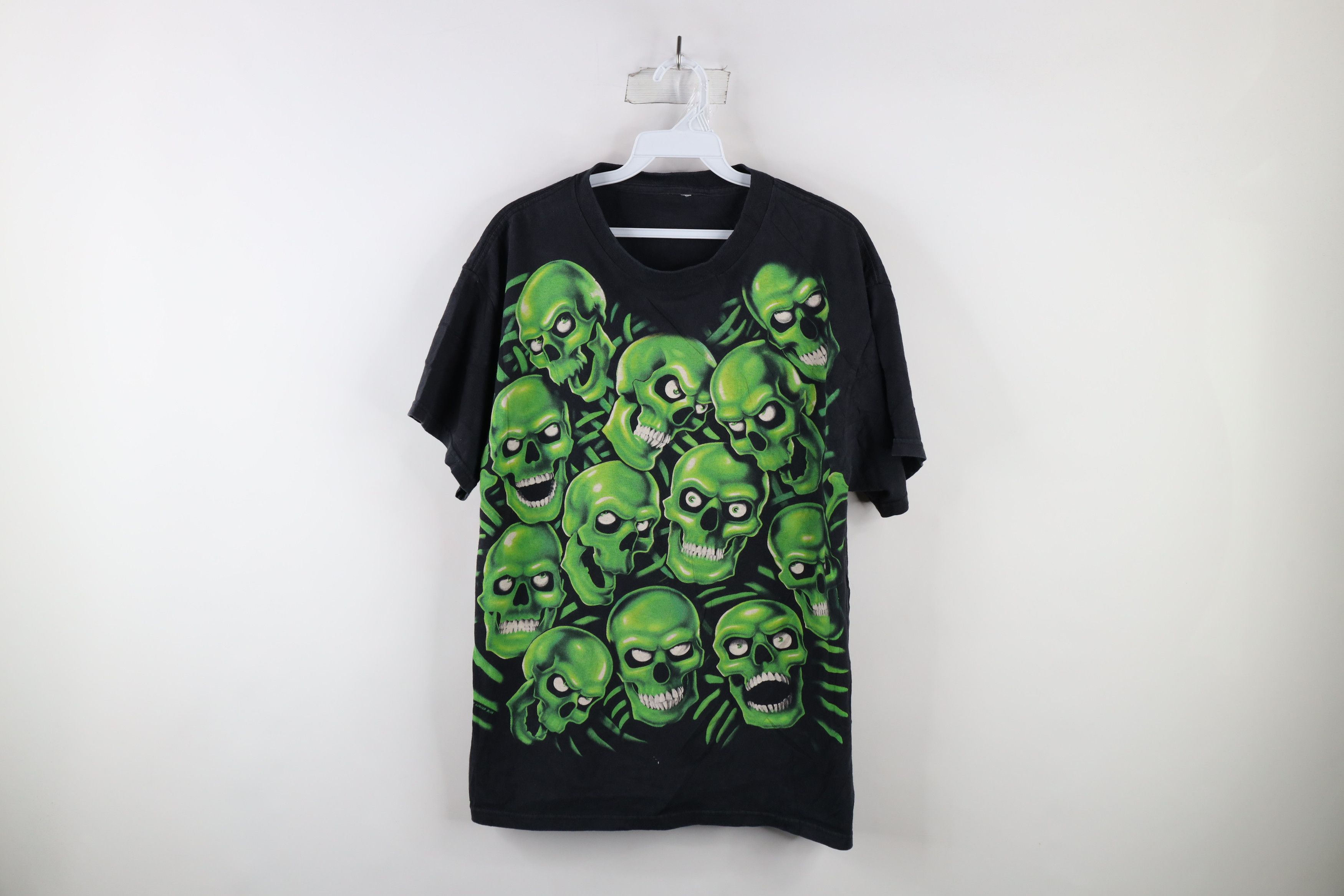 image of Y2K 2001 Liquid Blue J Skull All Over Print T-Shirt in Black, Men's (Size Medium)