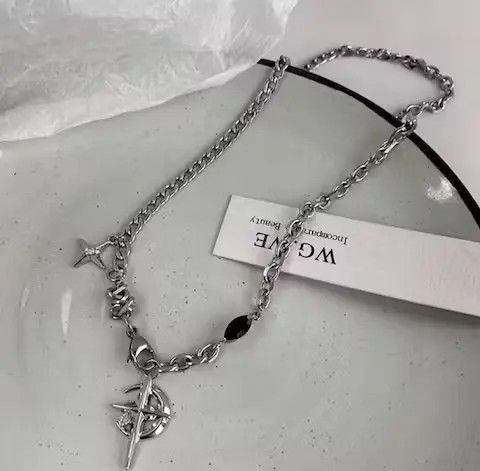 Jewelry Cross Chrome Crescent Moon Chain Silver Goth Vibe Necklace Size ONE SIZE - 3 Thumbnail