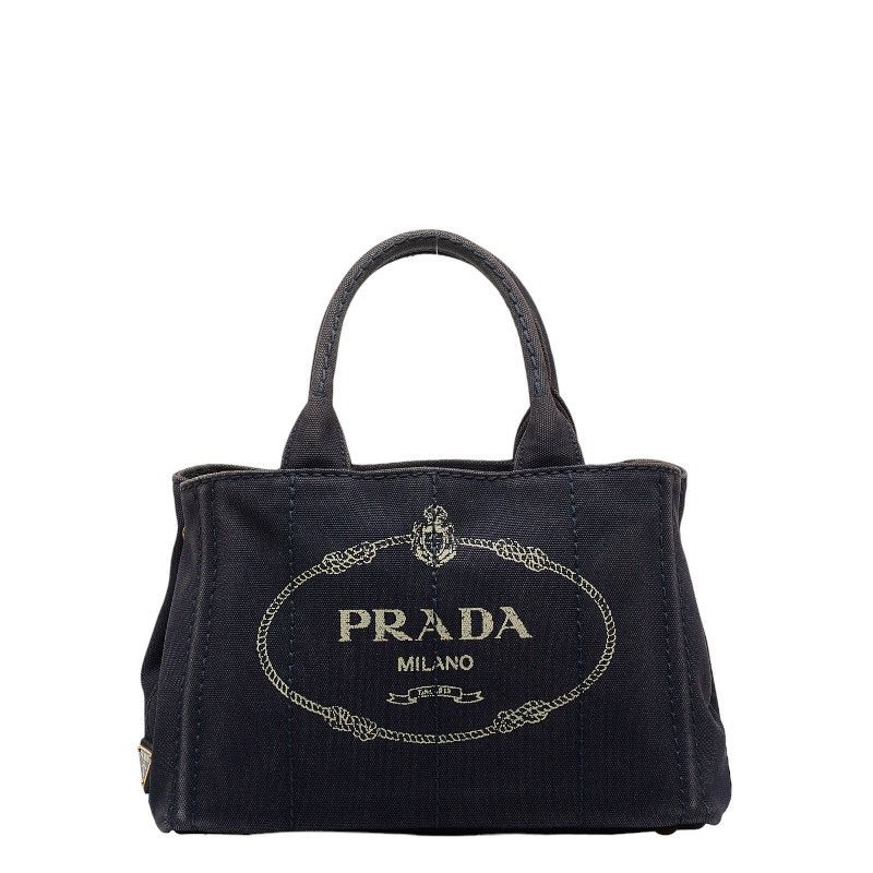 image of Prada Canapa Tote Handbag Shoulder Bag 2 Way Navy Canvas in Black, Women's