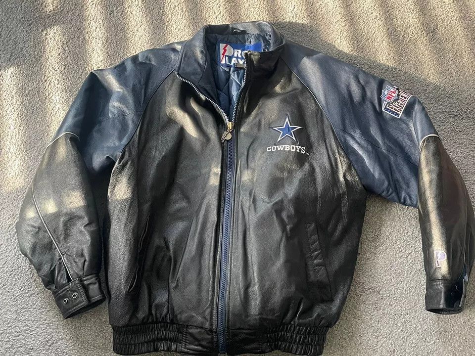 image of Pro Player Dallas Cowboys Bomber Leather Jacket Size Xxl in Bleu, Men's