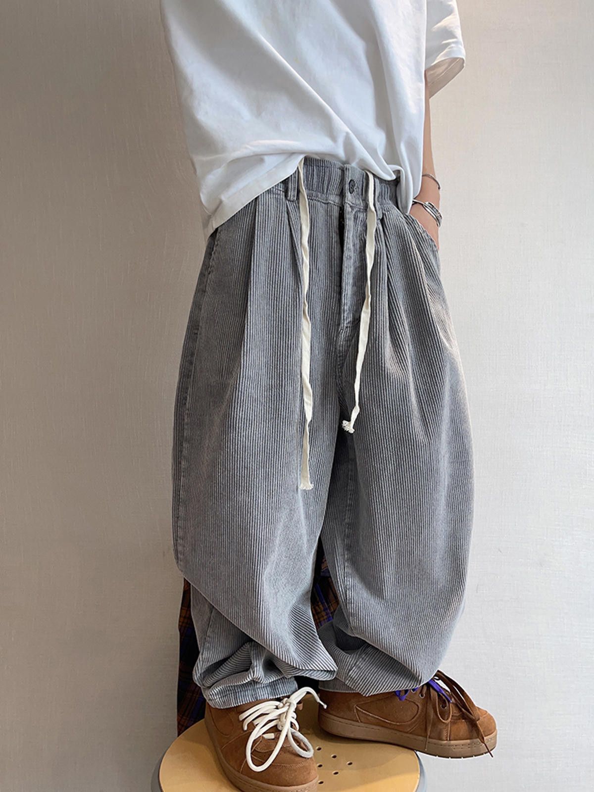 Gray Corduroy Wide-Leg Pants