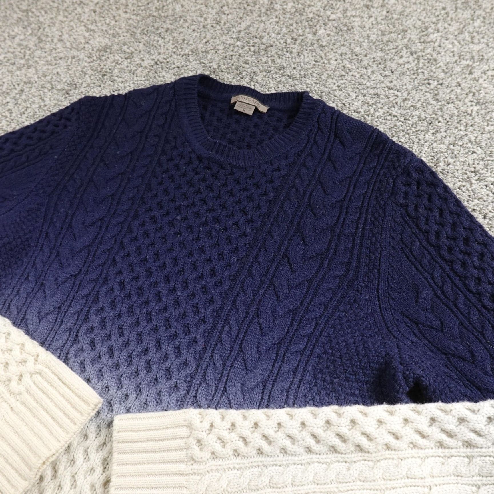 Vintage Amicale Sweater Mens M Blue Cream Ombre Wool Cashmere Aran Cable Knit Crewneck Size US M / EU 48-50 / 2 - 2 Thumbnail
