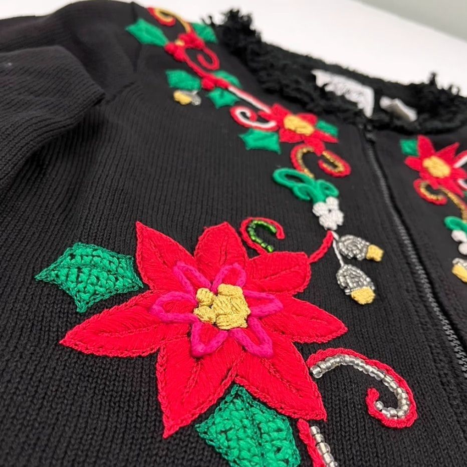 Simons Michael Simon Christmas Cardigan Women M Black Floral Poinsettia Embroidered 90s Size M / US 6-8 / IT 42-44 - 3 Thumbnail