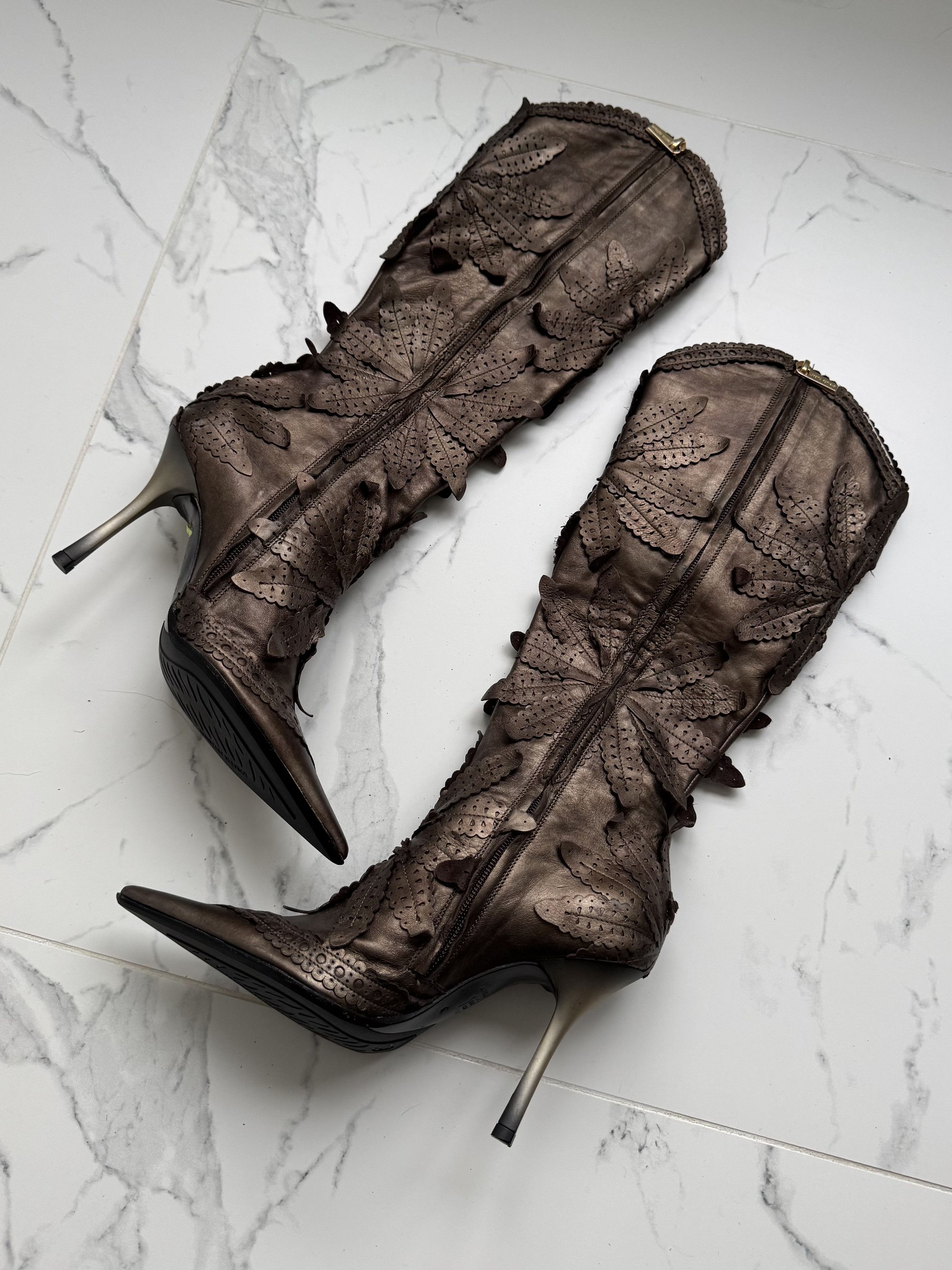Vintage Vintage Leather Knee High Boots Floral Appliqué Heels Size US 6 / IT 36 - 4 Thumbnail