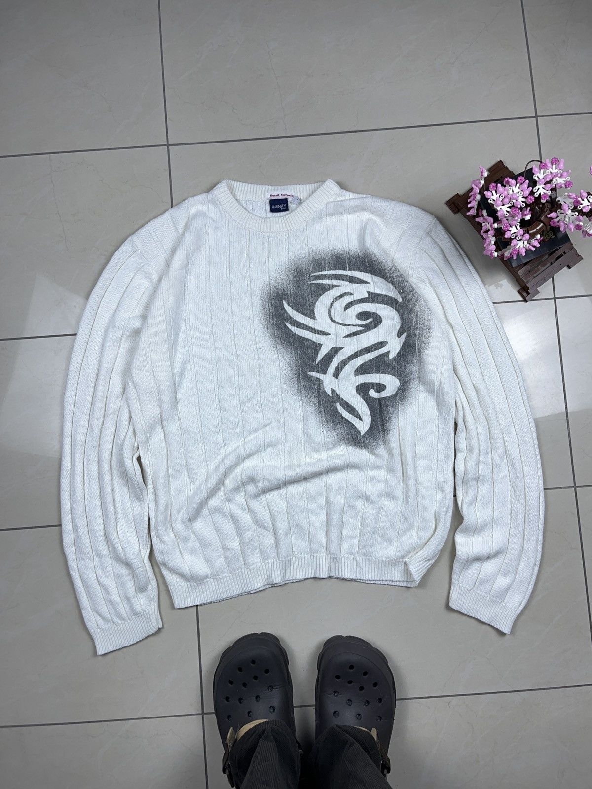 Vintage ➕ y2k tribal creme ribbed boxy oversized sweater skate Size US XL / EU 56 / 4 - 1 Thumbnail