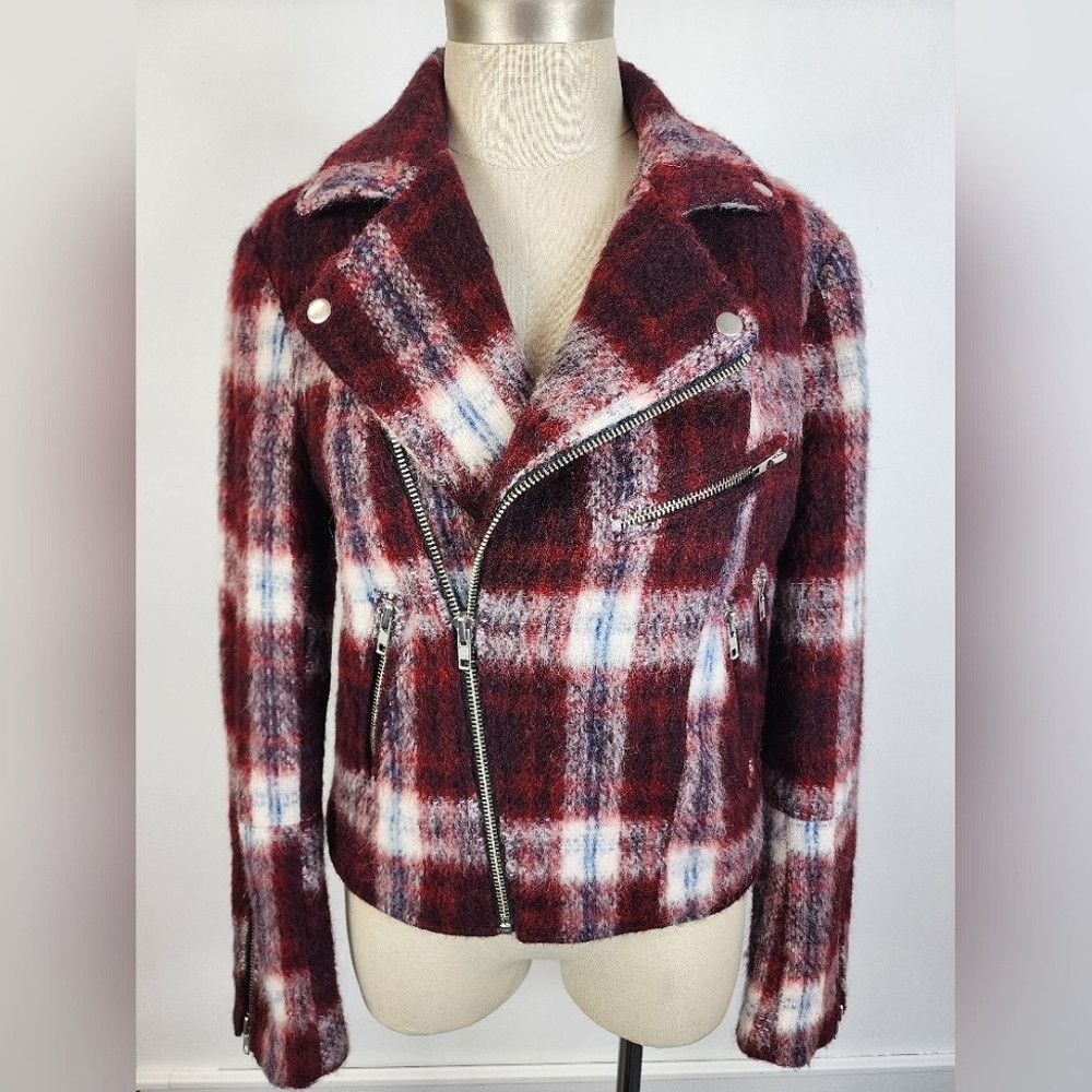 Slate & Stone Slate & Stone Plaid Red/White Wool-Blend Moto Jacket Size S / US 4 / IT 40 - 1 Thumbnail