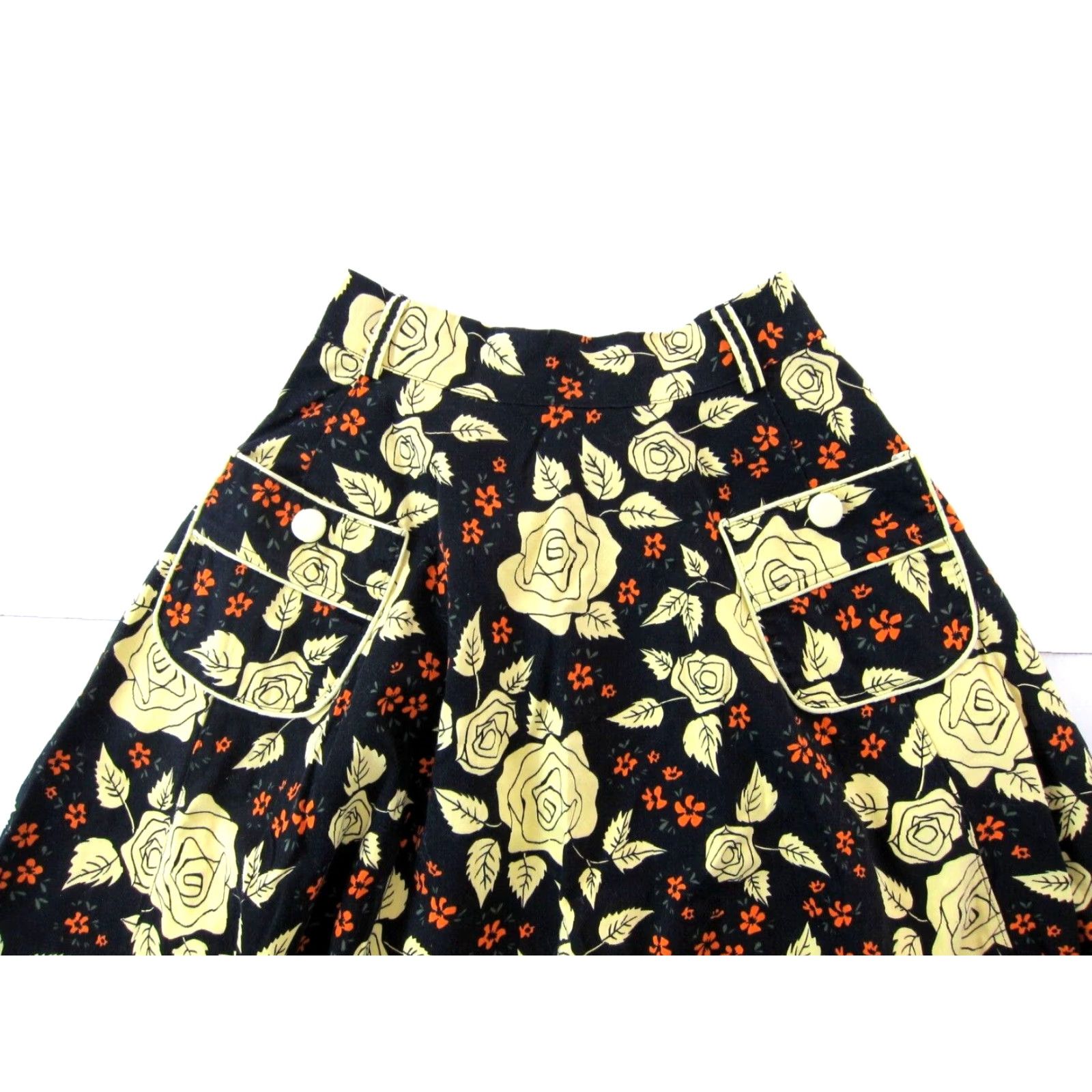 Vintage Voodoo Vixen Black Ivory Orange Floral Rockabilly Cotton Stretch A-Line Skirt S Size 28" / US 6 / IT 42 - 3 Thumbnail