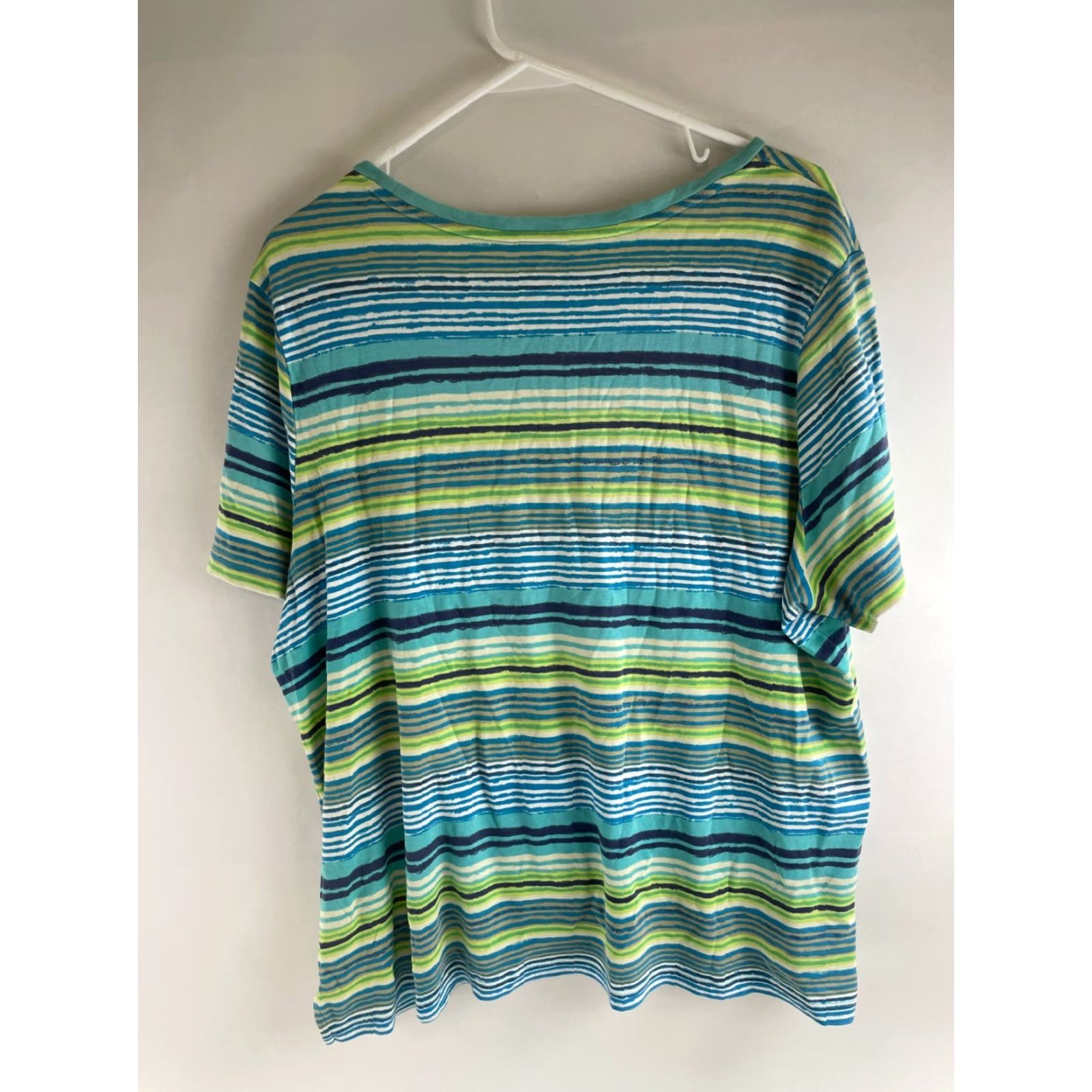 Vintage Studio Works T-Shirt Women's Size 2XL Green Blue Striped Short Sleeve Boat Neck Size XXL / US 16-18 / IT 52-54 - 2 Thumbnail
