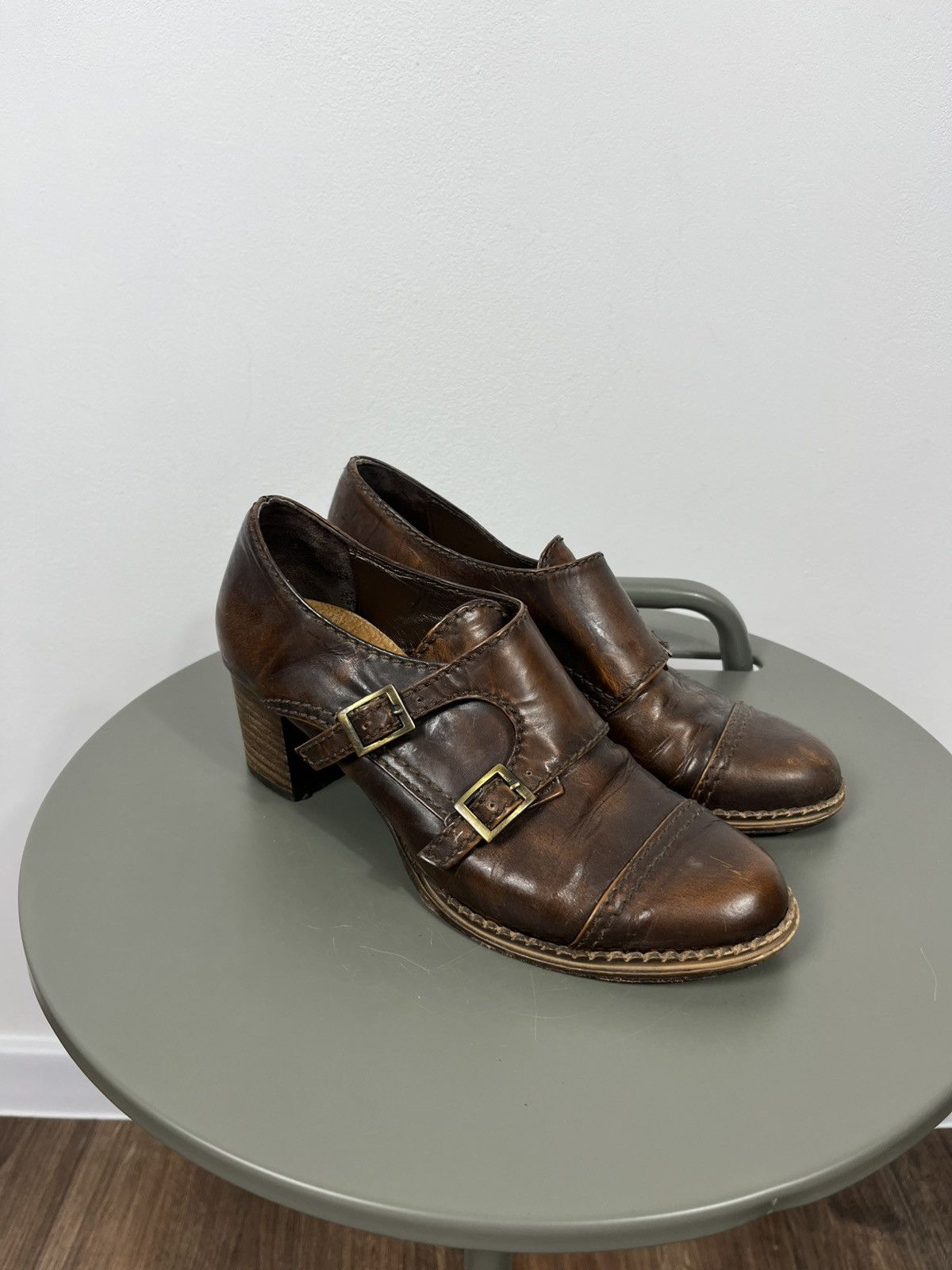 Leather Women’s Leather Buckle Heeled Shoes Brown Vintage EU 38 Size US 7 / IT 37 - 1 Thumbnail