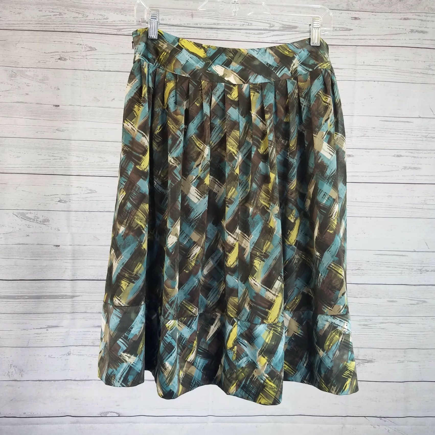 Vintage Tapemeasure Womens Skirt Size 6 Brown Teal Pleated Knee Length Polyester Size 28" / US 6 / IT 42 - 2 Thumbnail