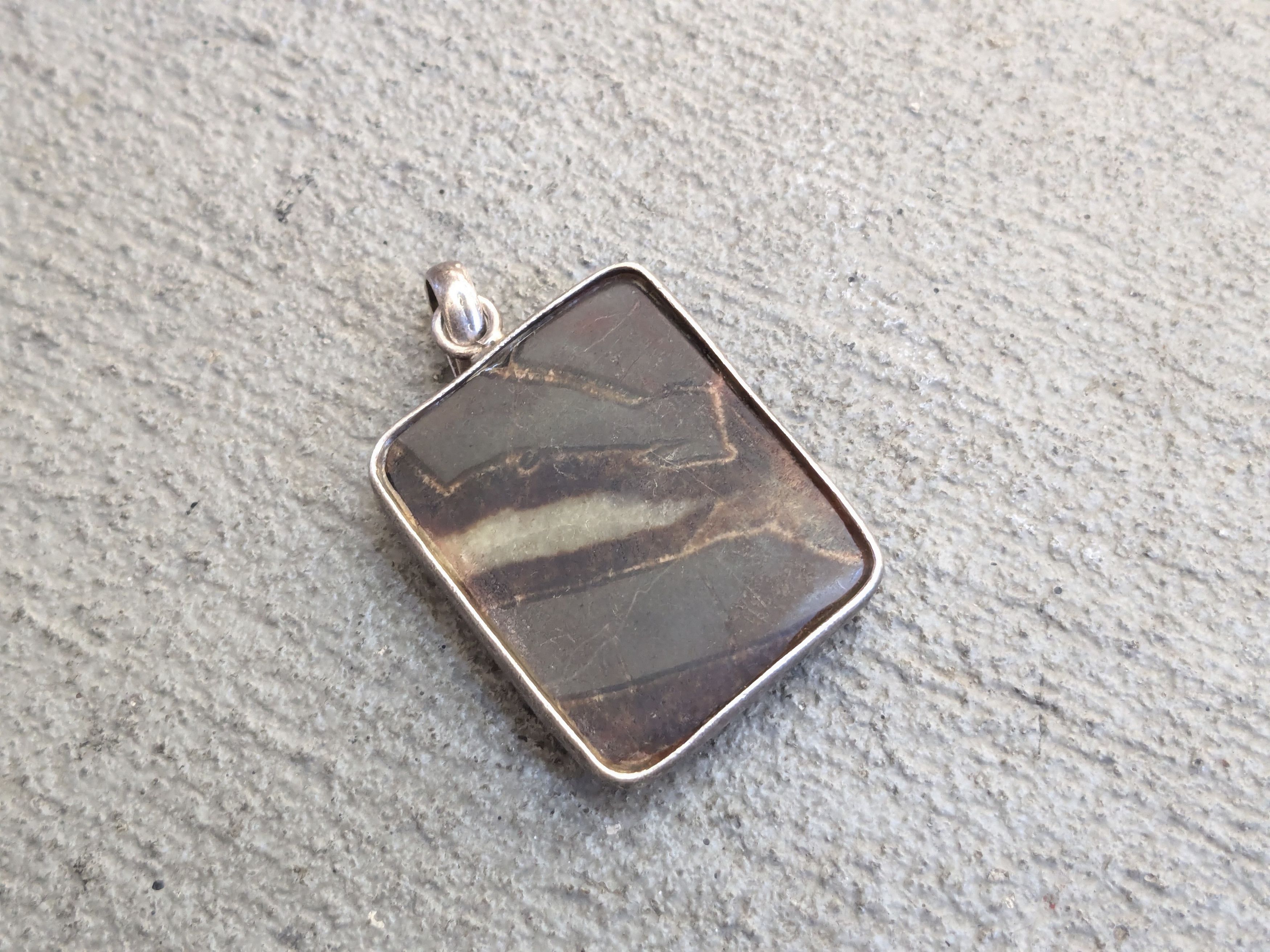 Jewelry Vintage Sterling Silver Pendant Brown Agate Square Size ONE SIZE - 3 Thumbnail