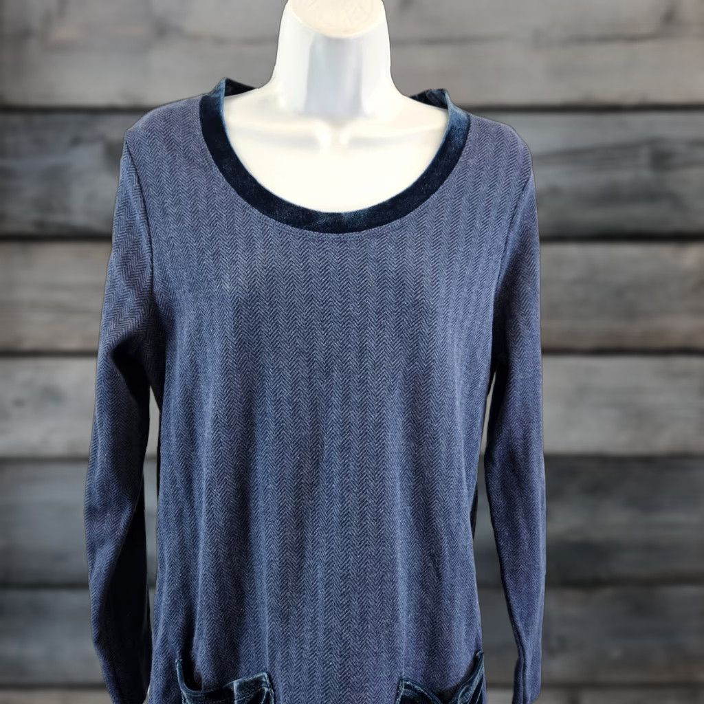 Soft Surroundings Soft Surroundings Blouse Tunic Womens Petite Medium Blue Herringbone Velvet Trim Long Sleeve Round Neck Size ONE SIZE - 1 Thumbnail