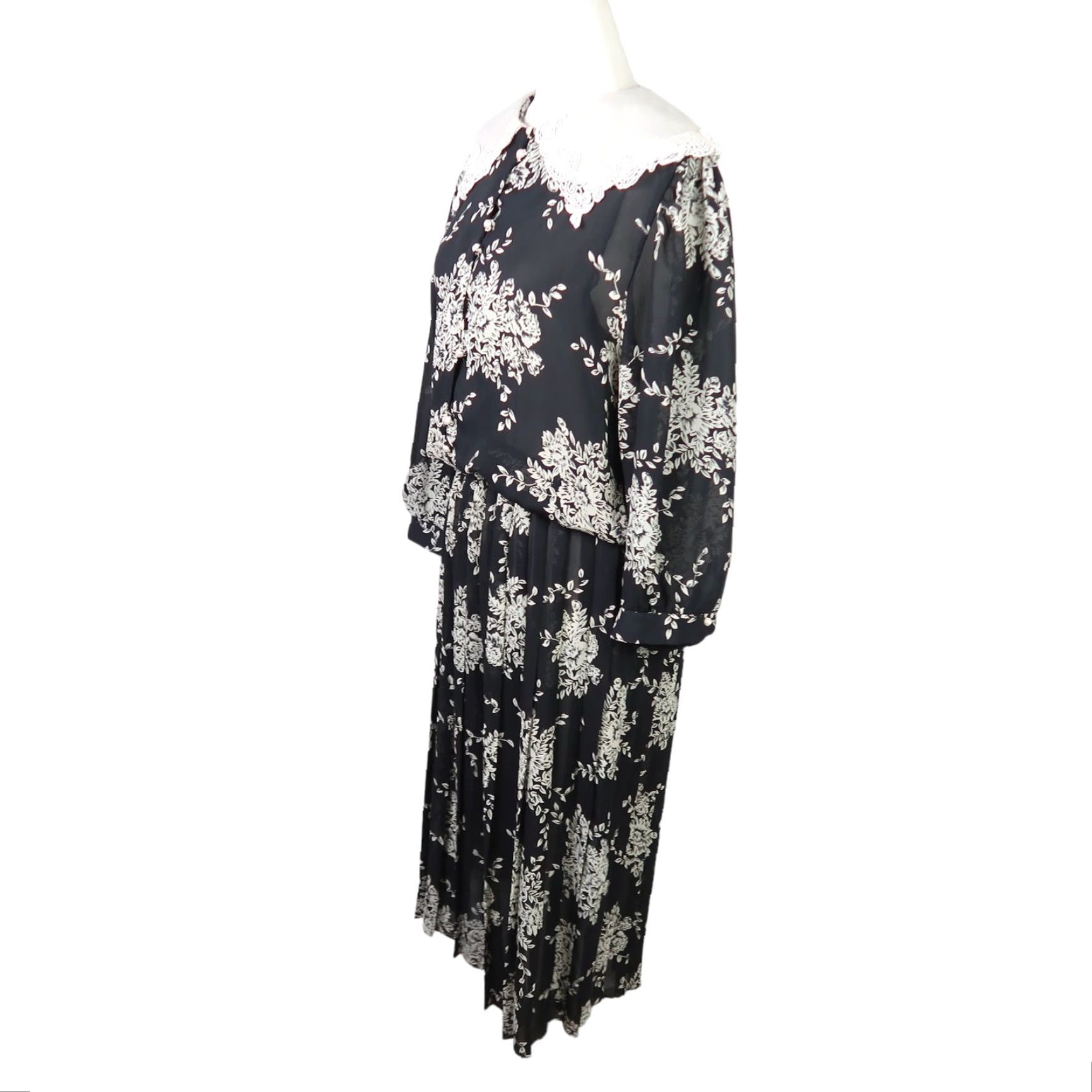 Vintage VINTAGE 80s black and cream floral print collared midi dress 12 Size XL / US 12-14 / IT 48-50 - 3 Thumbnail