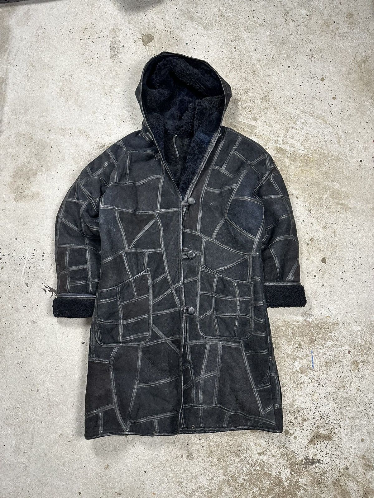 Leather × Vintage ‼️ Vintage 90s Black Leather Patchwork Coat Jacket Hooded Size US L / EU 52-54 / 3 - 1 Thumbnail