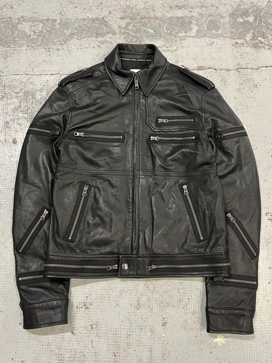 Moschino 2000s Moschino Multi Zips Circle Black Leather Jacket Size US M / EU 48-50 / 2 - 1 Thumbnail