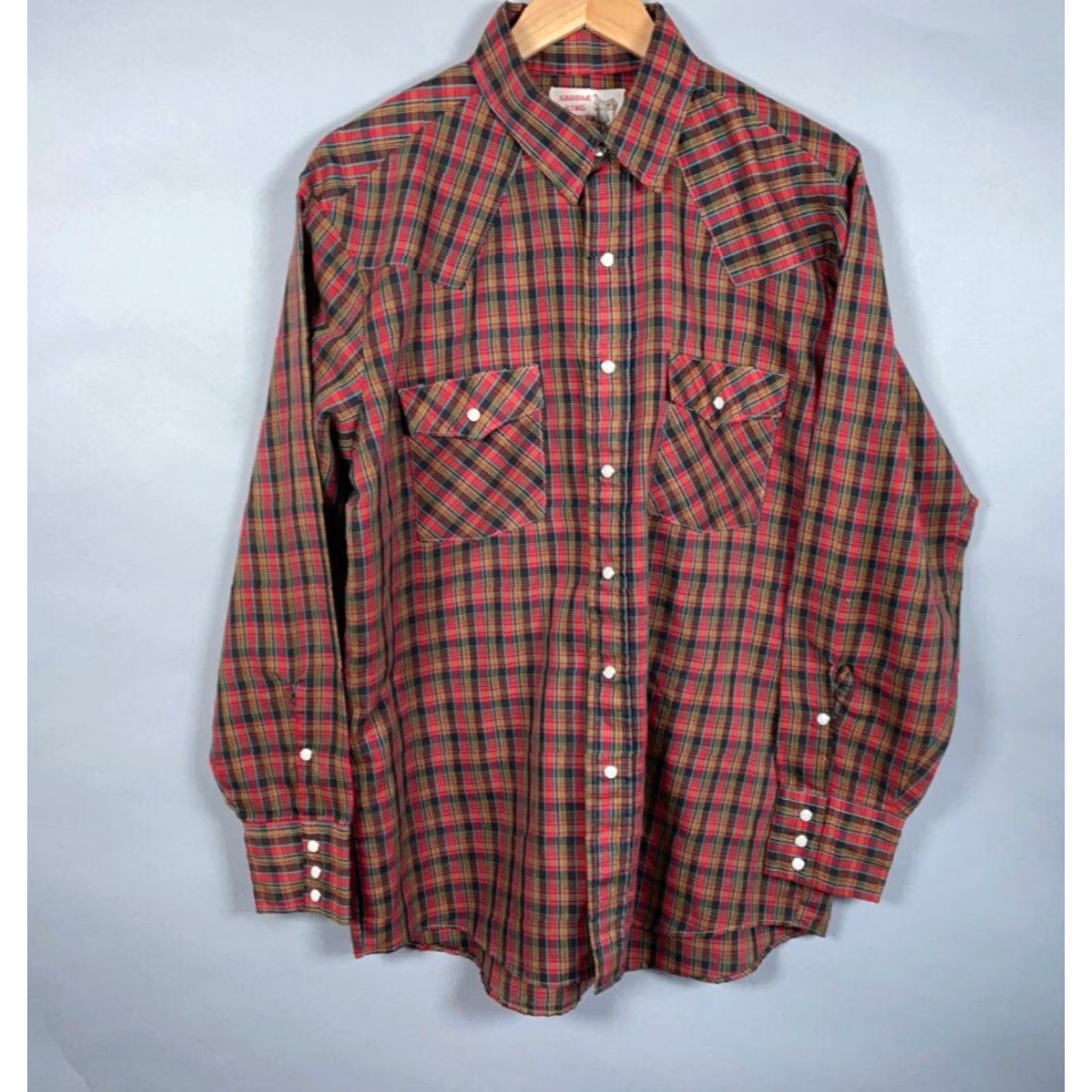 Vintage VTG Saddle King Western Shirt Men XL Red Blue Tartan Plaid Pearl Snap Buttons Size US XL / EU 56 / 4 - 2 Thumbnail