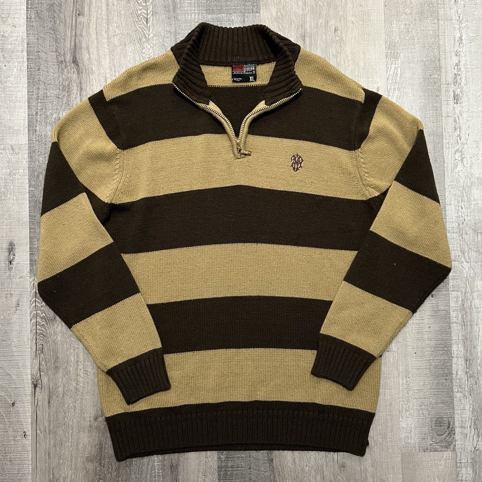 Southpole VTG Southpole Brown/Beige Striped Quarter Zip Knit Sweater Size US XL / EU 56 / 4 - 1 Thumbnail