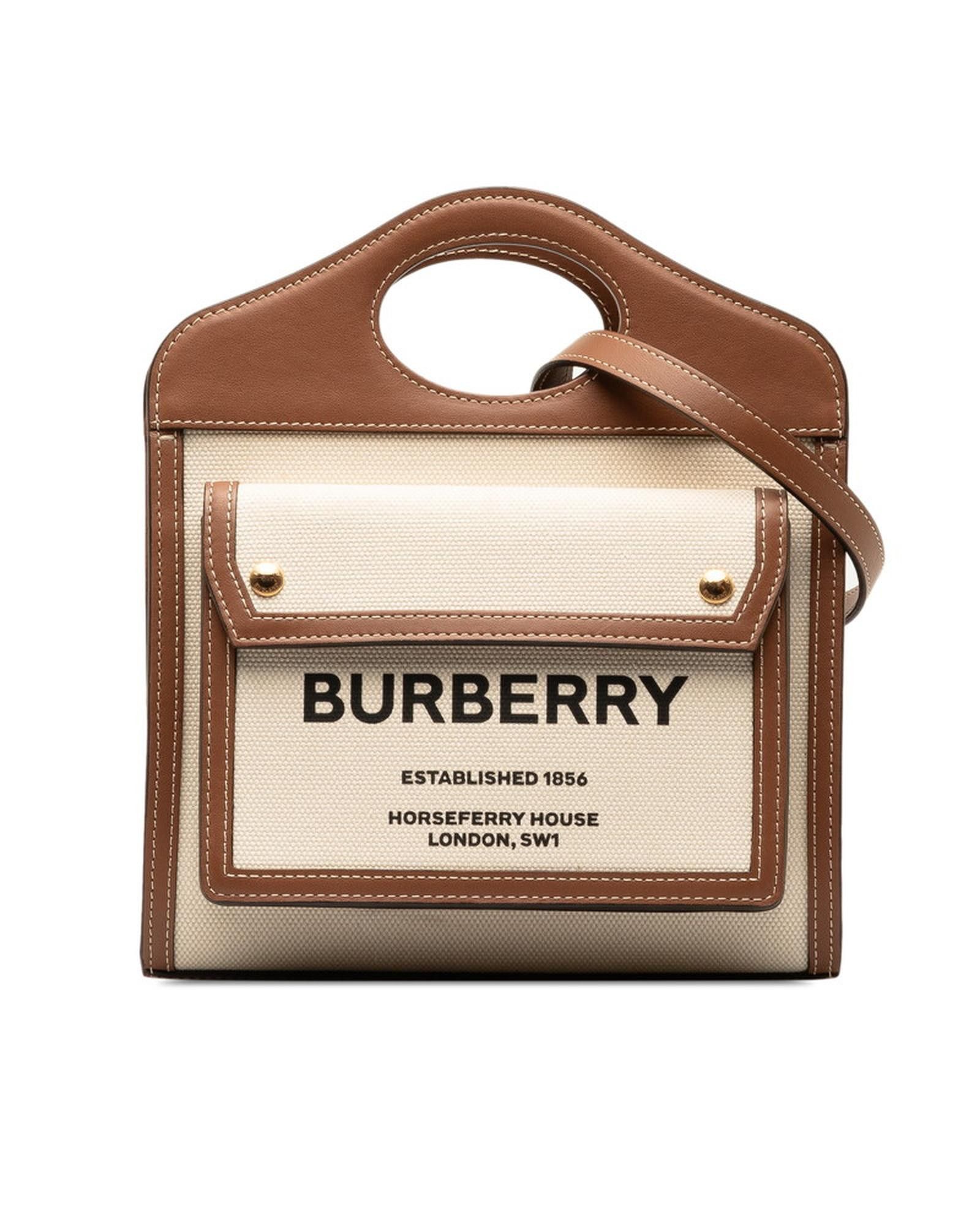 image of Burberry Logo Canvas Pocket Tote Bag In Excellent Condition in White, Women's
