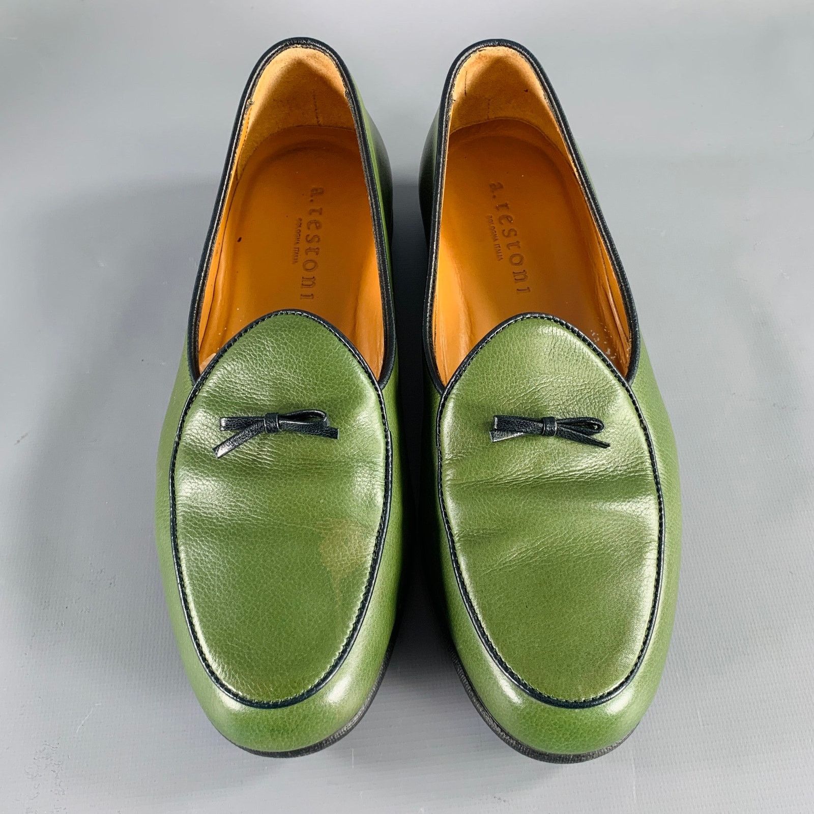 Testoni 8 Green Black Contrast Stitch Leather Slip On Loafers Size US 8 / EU 41 - 4 Thumbnail