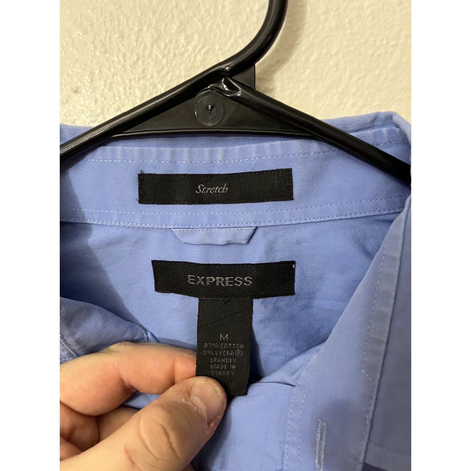 Express Express Stretch Solid Button Shirt Blue Dress Shirt Adult Medium Mens Pockets Size 40R - 3 Thumbnail
