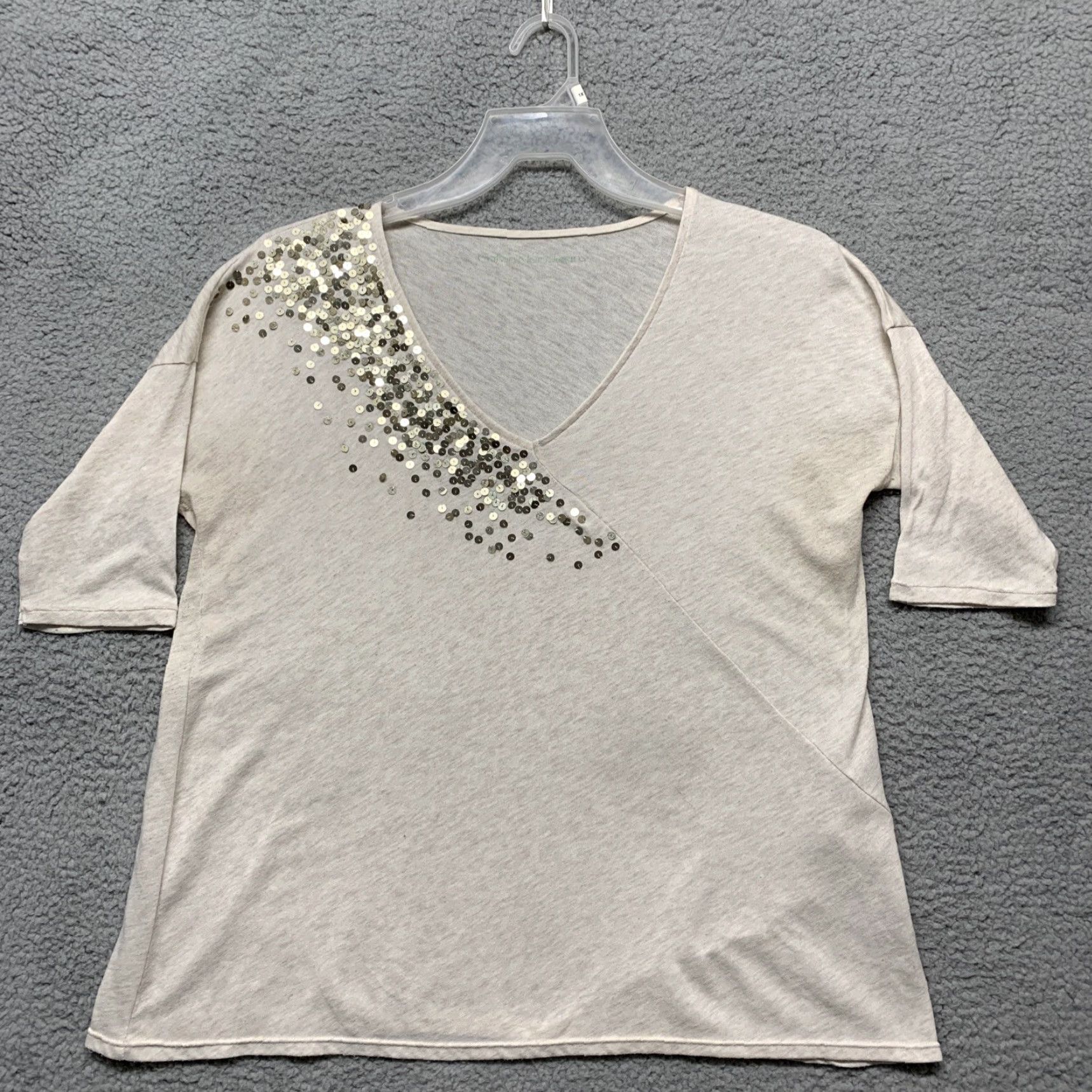 Calvin Klein VINTAGE Calvin Klein Pullover Top Womens S/P Heather Cream Sequins V-Neck Relaxed Fit Size S / US 4 / IT 40 - 7 Thumbnail