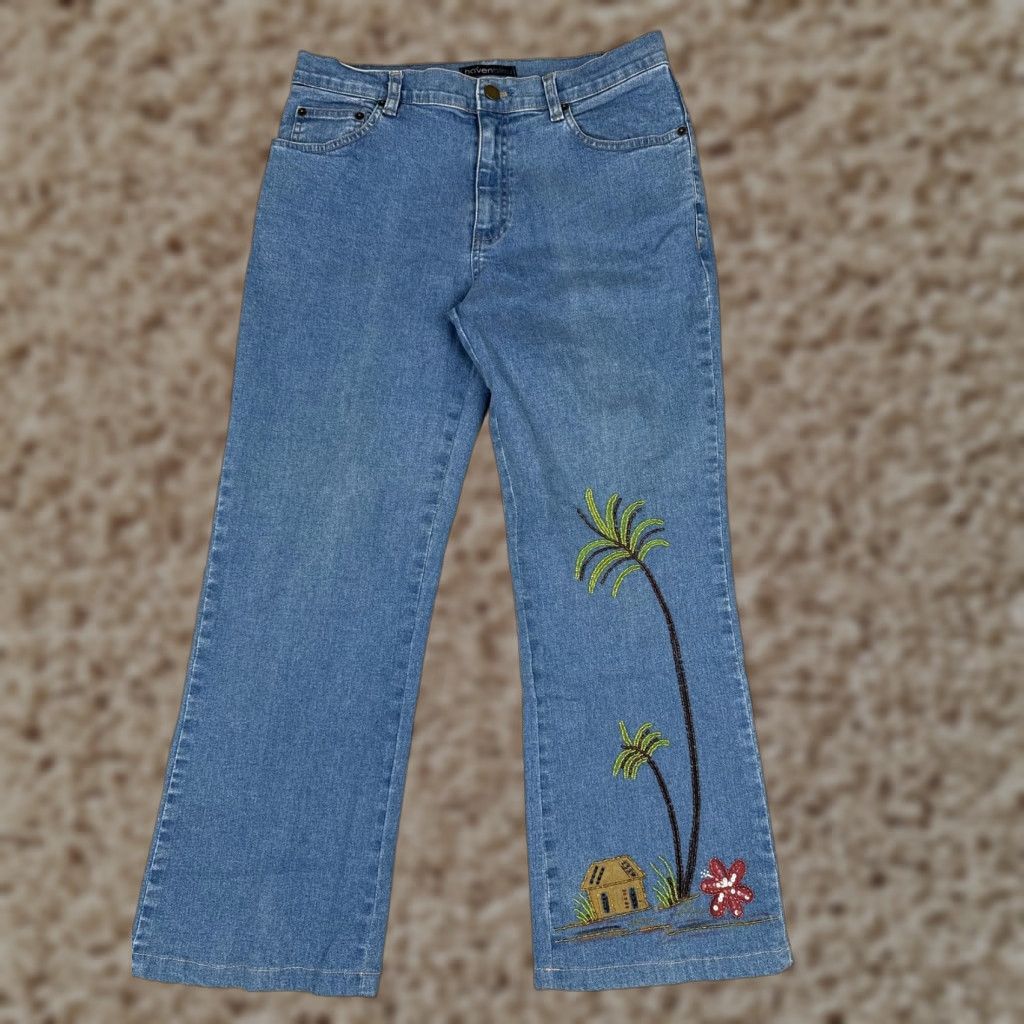 Vintage Havenbleu Jeans Womens 10 Straight Mid Rise Blue Floral Beaded Embroidered Sequin 5-Pocket Denim Cotton Blend 30x26 Size 32" / US 10 / IT 46 - 1 Thumbnail