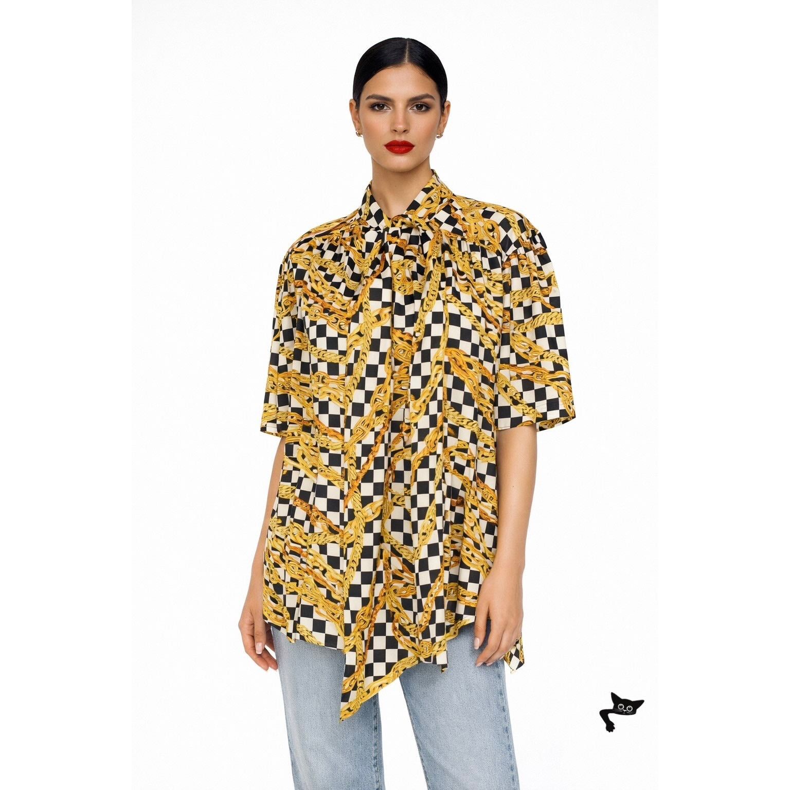 Balenciaga Balenciaga Black Gold Chain Print Short Sleeve Tie Blouse 40 Size S / US 4 / IT 40 - 3 Thumbnail