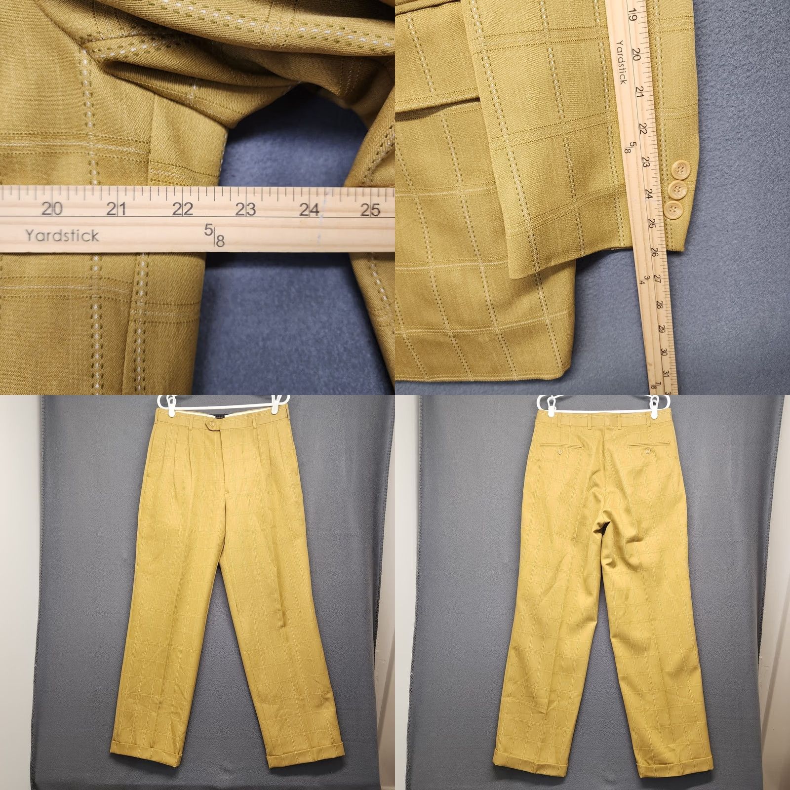 Doublet Gianni Vironi Mens Yellow Suit 2 Piece Windowpane Double Breasted Pleated Cuffed 42L 33W Men Size 42R - 8 Thumbnail