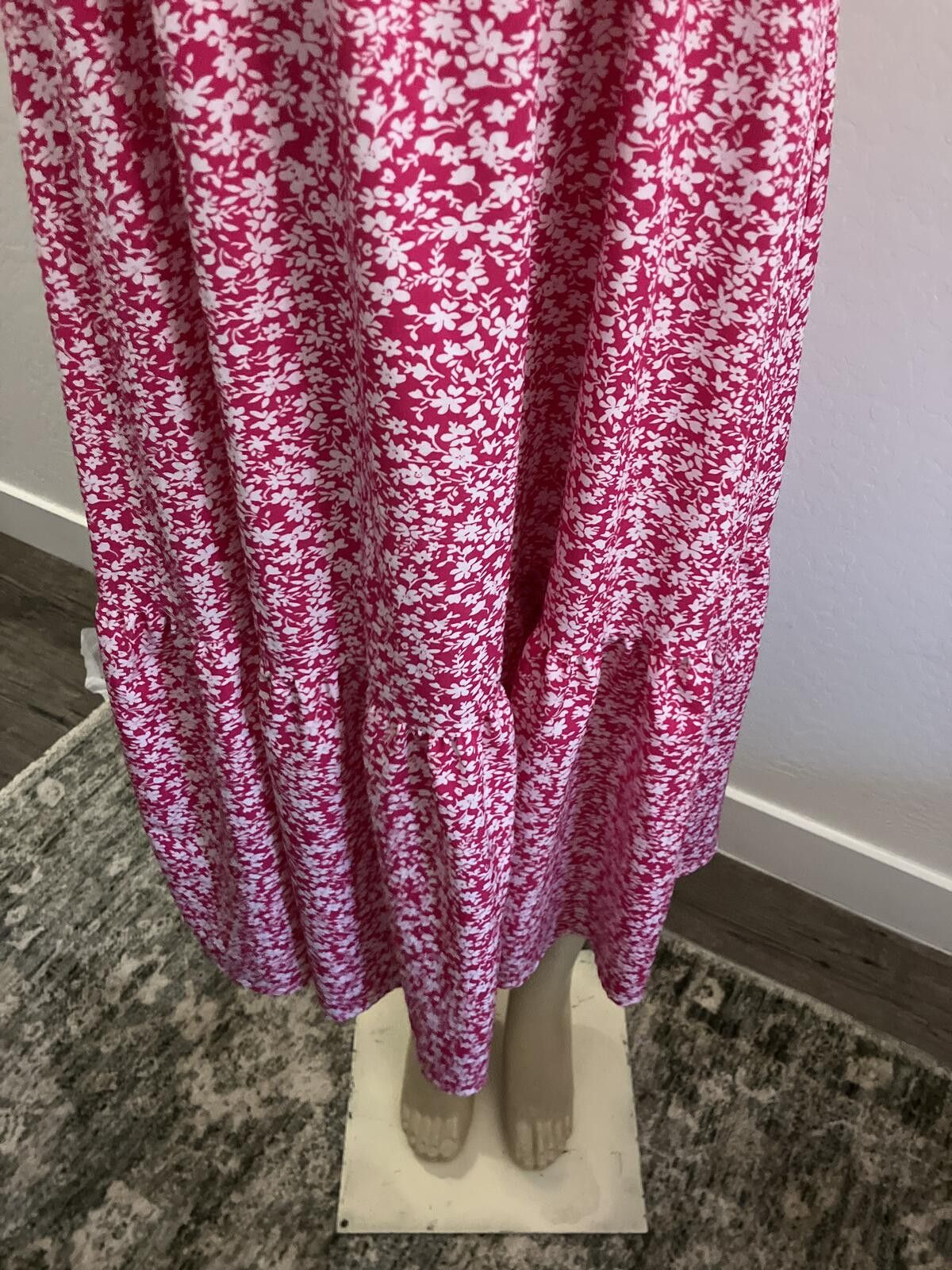 Shein Pink Floral Smocked Midi Dress with Puff Sleeves Size ONE SIZE - 3 Thumbnail