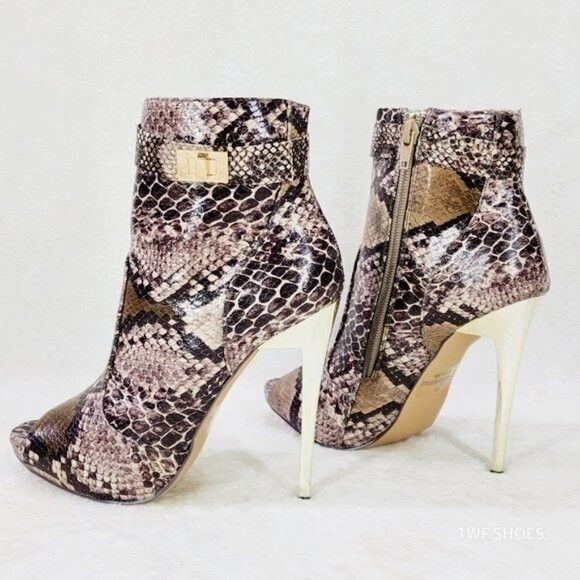Adamarys Brown Snake Print Open Toe Ankle Boots Gold Slim St