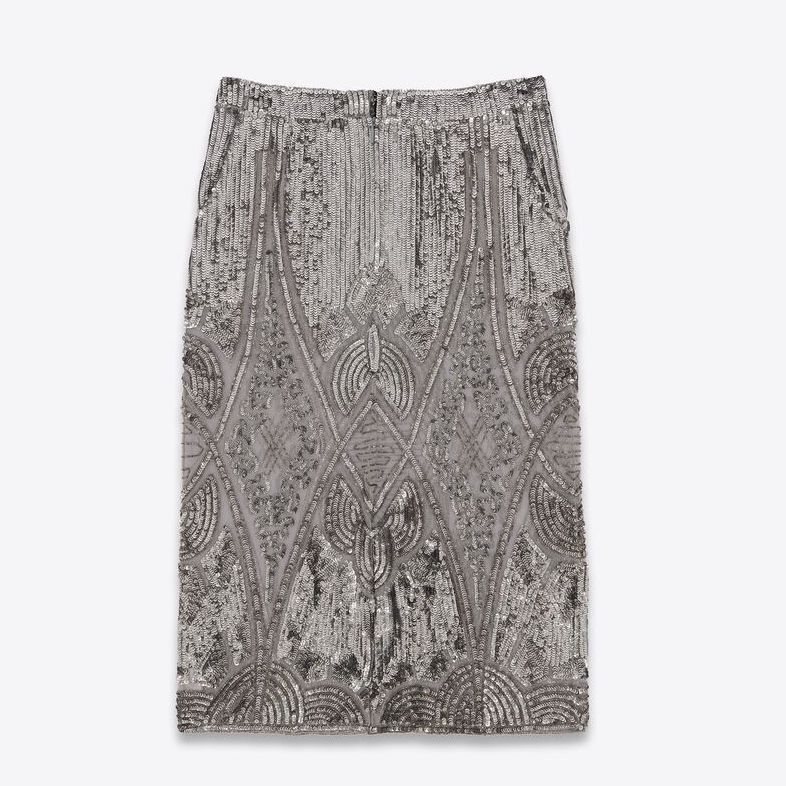 Saint Laurent Paris o1s1wg111124 Midi Skirt in Embroidered Silk Tulle in Silver Size 28" / US 6 / IT 42 - 2 Thumbnail