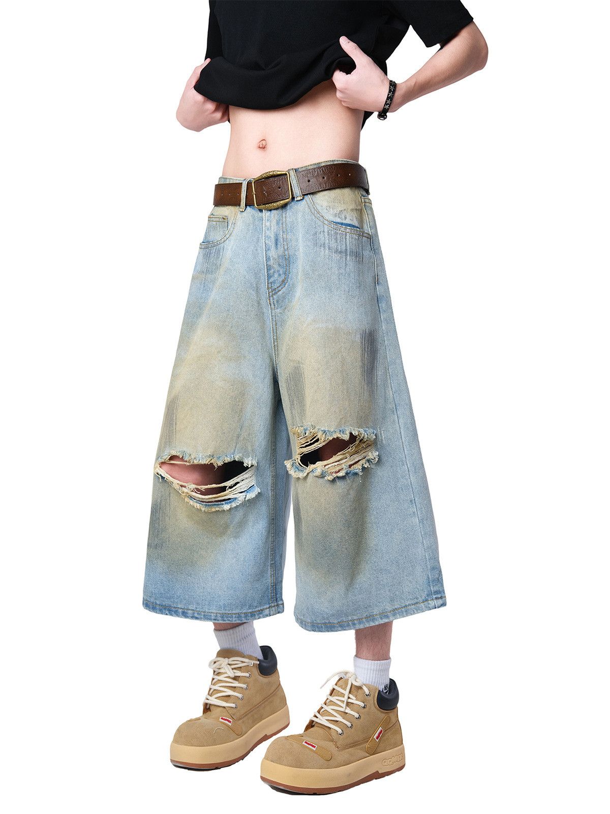 Japanese Brand Men's American loose straight casual ripped denim shorts Size US 32 / EU 48 - 2 Thumbnail